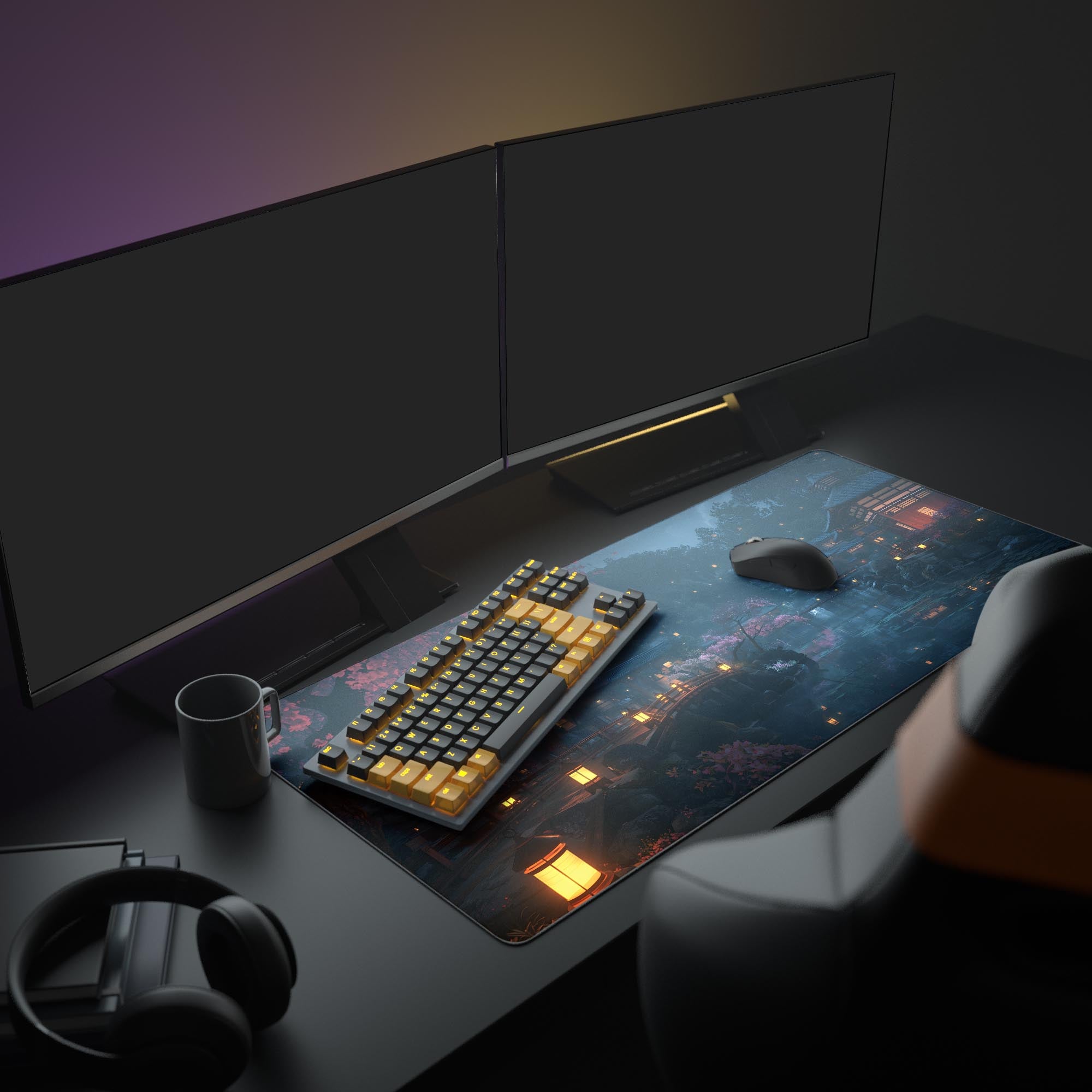 Large Serene Village Japanese desk mat shown in a cozy desk setup with a mechanical keyboard and warm lighting. - Epic Design Pads & Mousepads