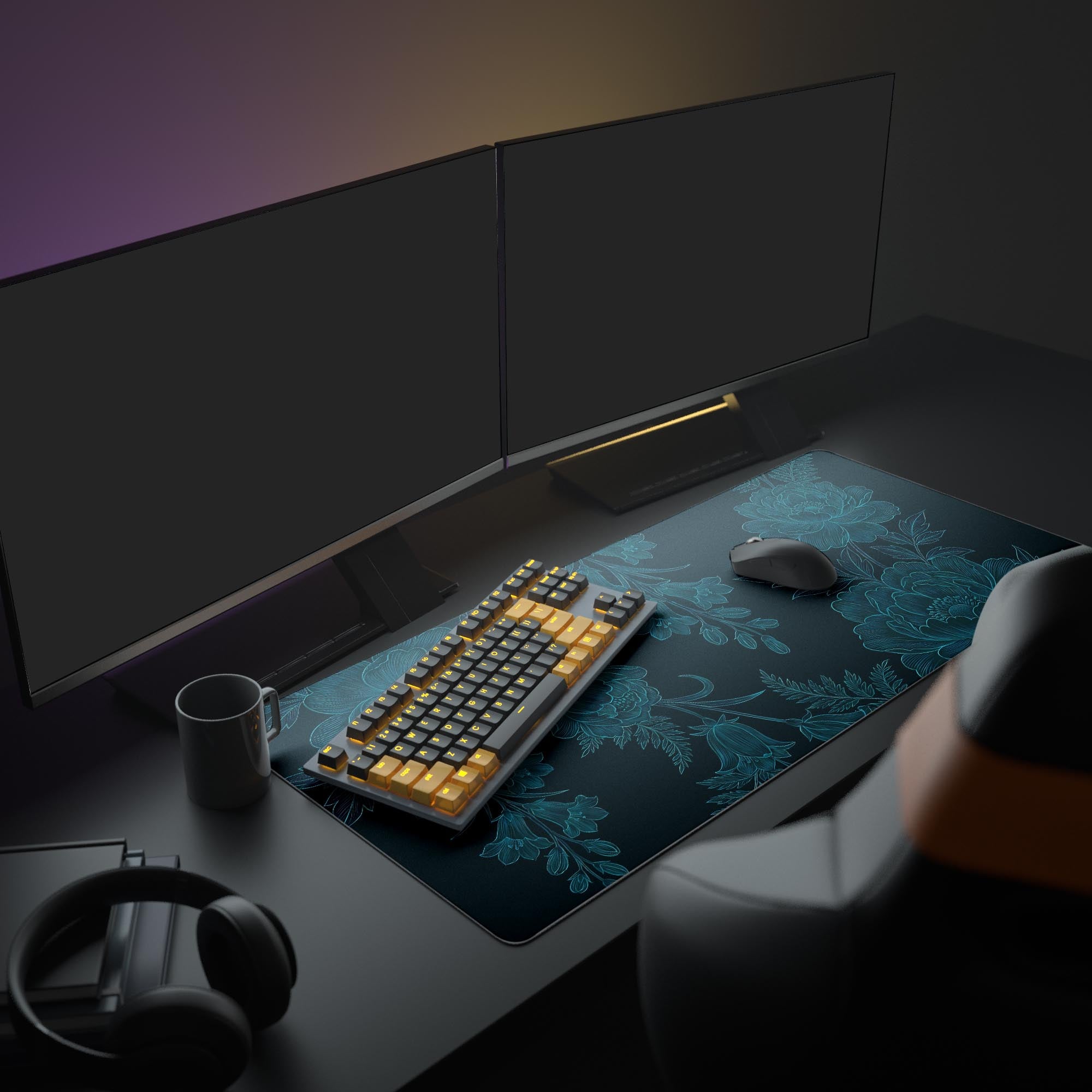A sophisticated desk setup featuring the Shadow Bloom mouse pad, enhancing a minimalist workspace with multiple monitors and a white keyboard and mouse. - Epic Design Pads & Mousepads