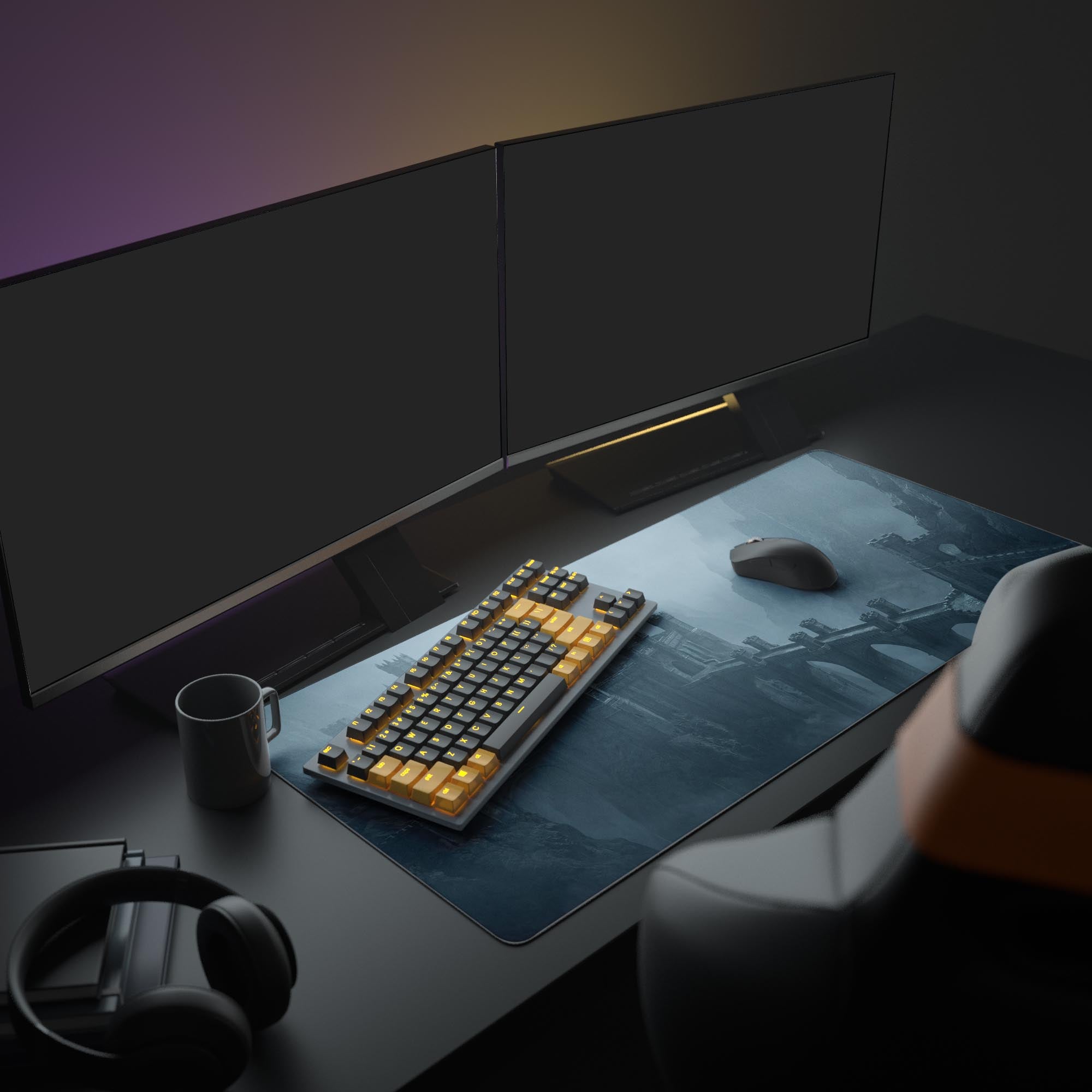 A complete PC setup featuring the Shadow Fortress mouse pad. The dark fantasy castle art complements the gaming monitor, keyboard, and mouse for a moody, focused workspace. - Epic Design Pads & Mousepads