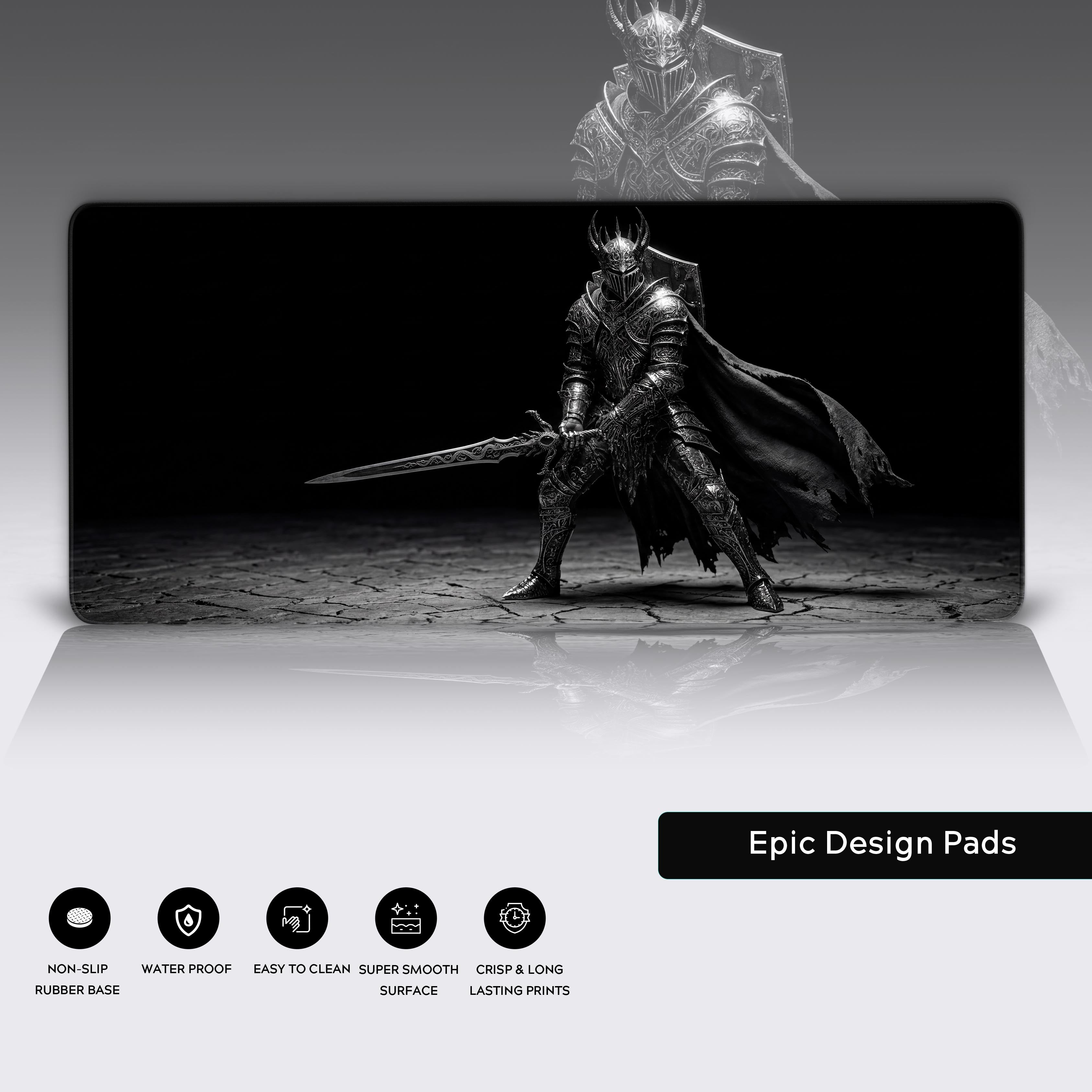 Full view of the epic Shadow Knight mouse pad showcasing the desolate cracked earth background