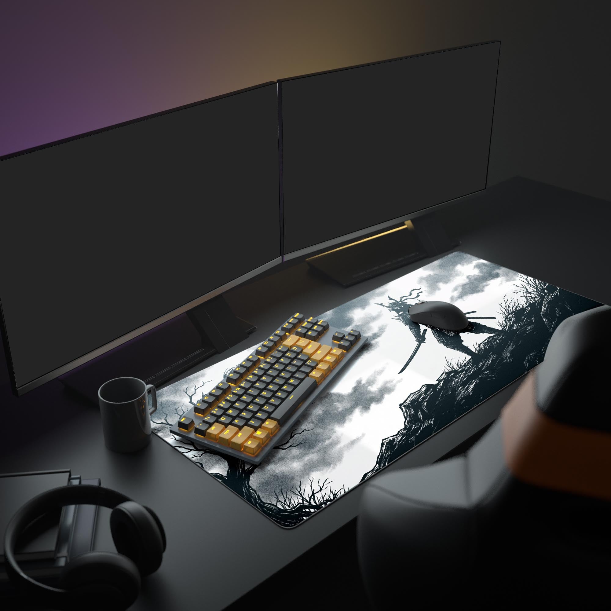 A full PC setup showcasing the Shadow Samurai XL mouse pad under a bright monitor, creating a clean, monochrome aesthetic for any gamer's desk. - Epic Design Pads & Mousepads