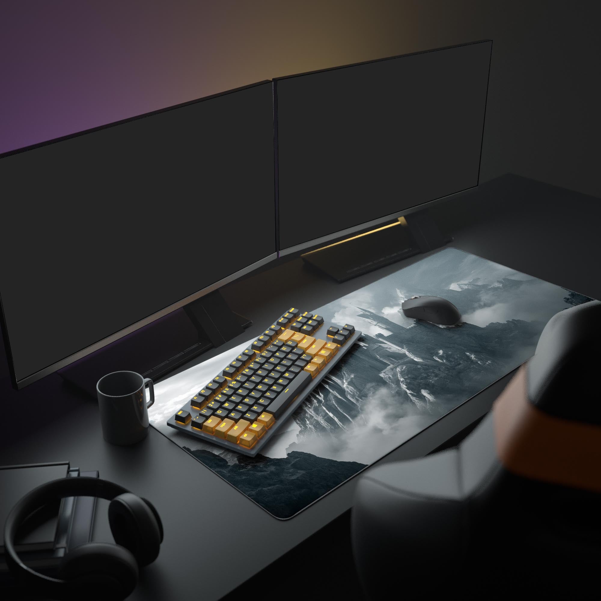 Large Shadow Spire gothic castle desk mat shown in a dark academia gaming setup with dual monitors, keyboard, and headphones. - Epic Design Pads