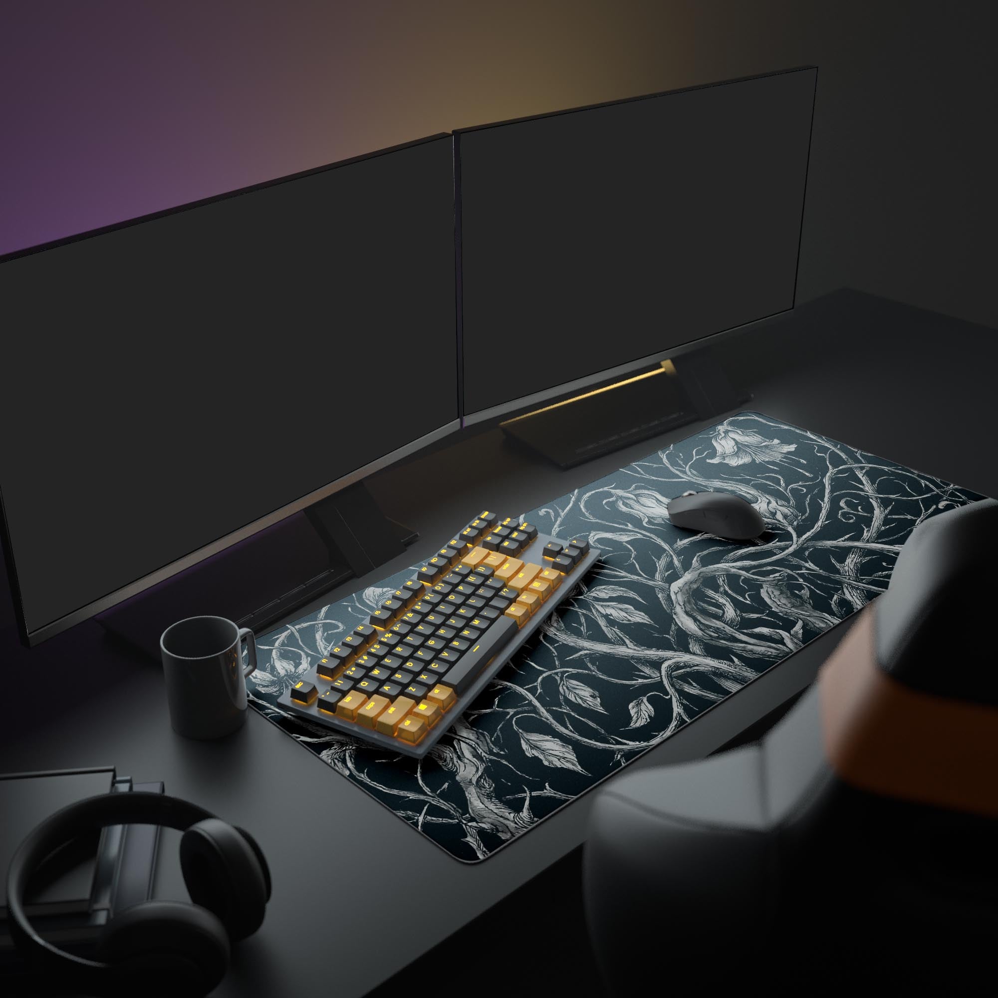 The Shadow Vines mouse pad enhances a modern computer setup, its monochrome botanical art spanning the desk beneath a monitor, keyboard, and mouse. - Epic Design Pads & Mousepads