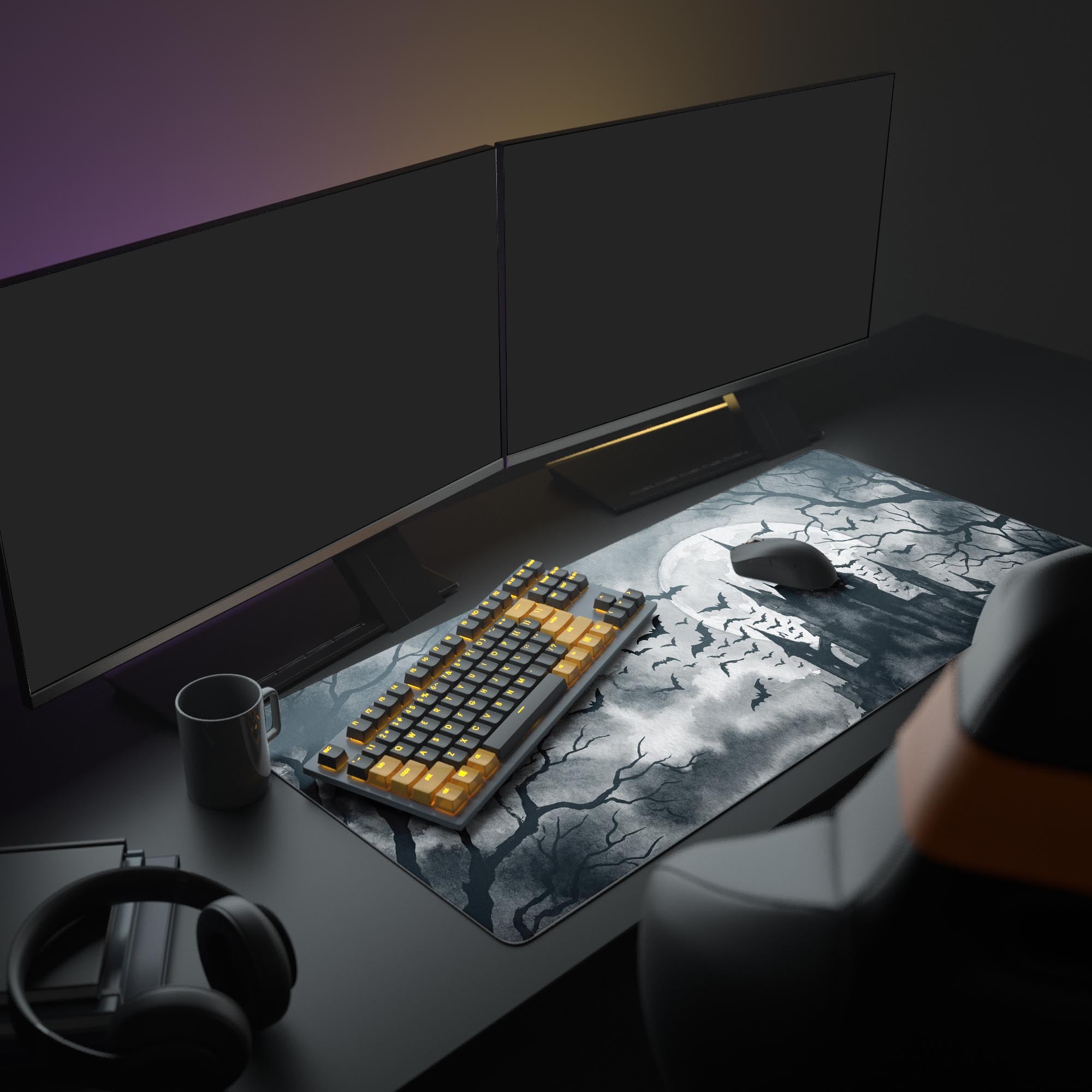 A full PC setup featuring the Shadowed Manor mouse pad, with a monitor and keyboard, creating a dark academia aesthetic workspace. - Epic Design Pads & Mousepads