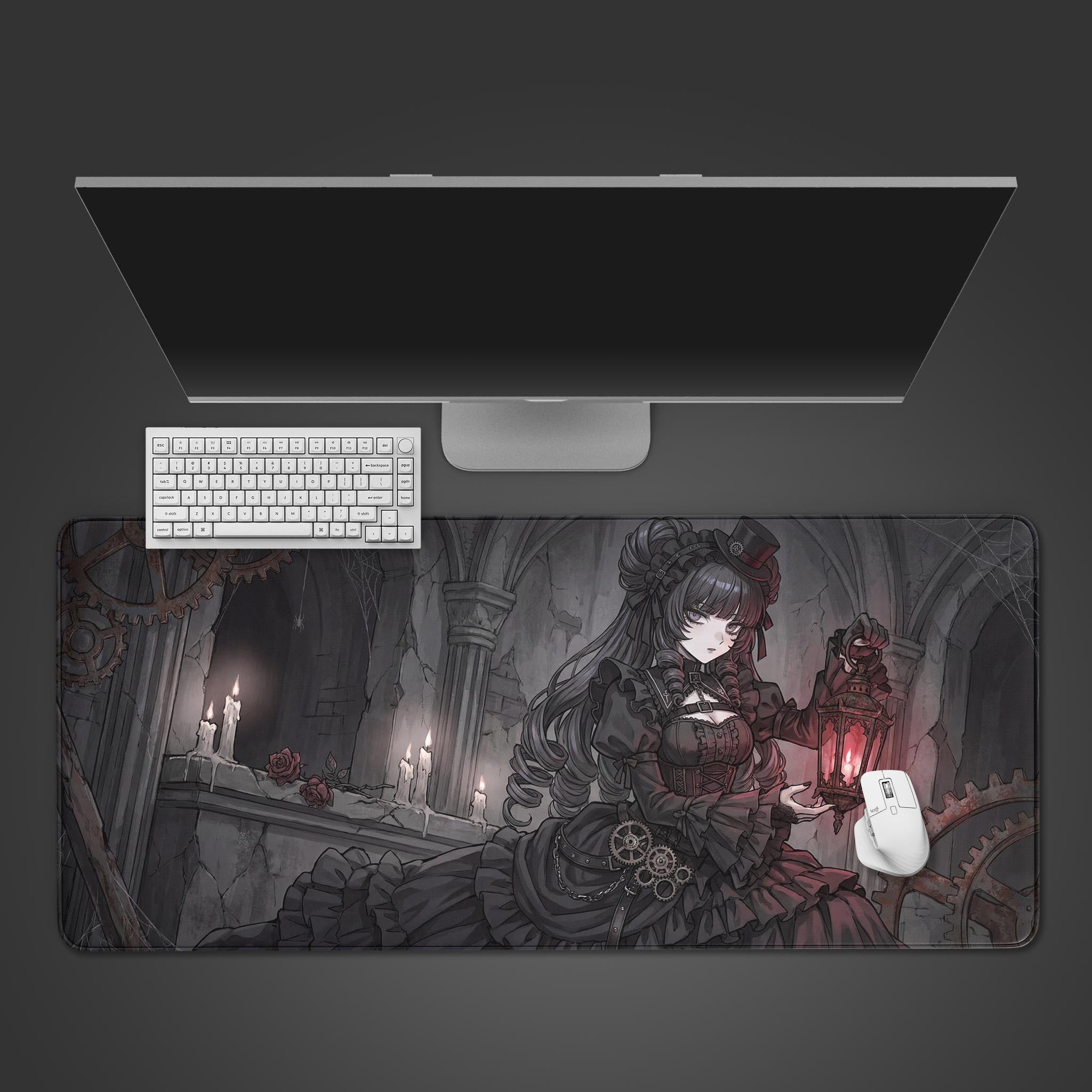Top-down view of the Shadowed Vigil gaming desk mat, featuring a gothic anime girl with a lantern, shown with a white keyboard and mouse on a dark surface. - Epic Design Pads & Mousepads
