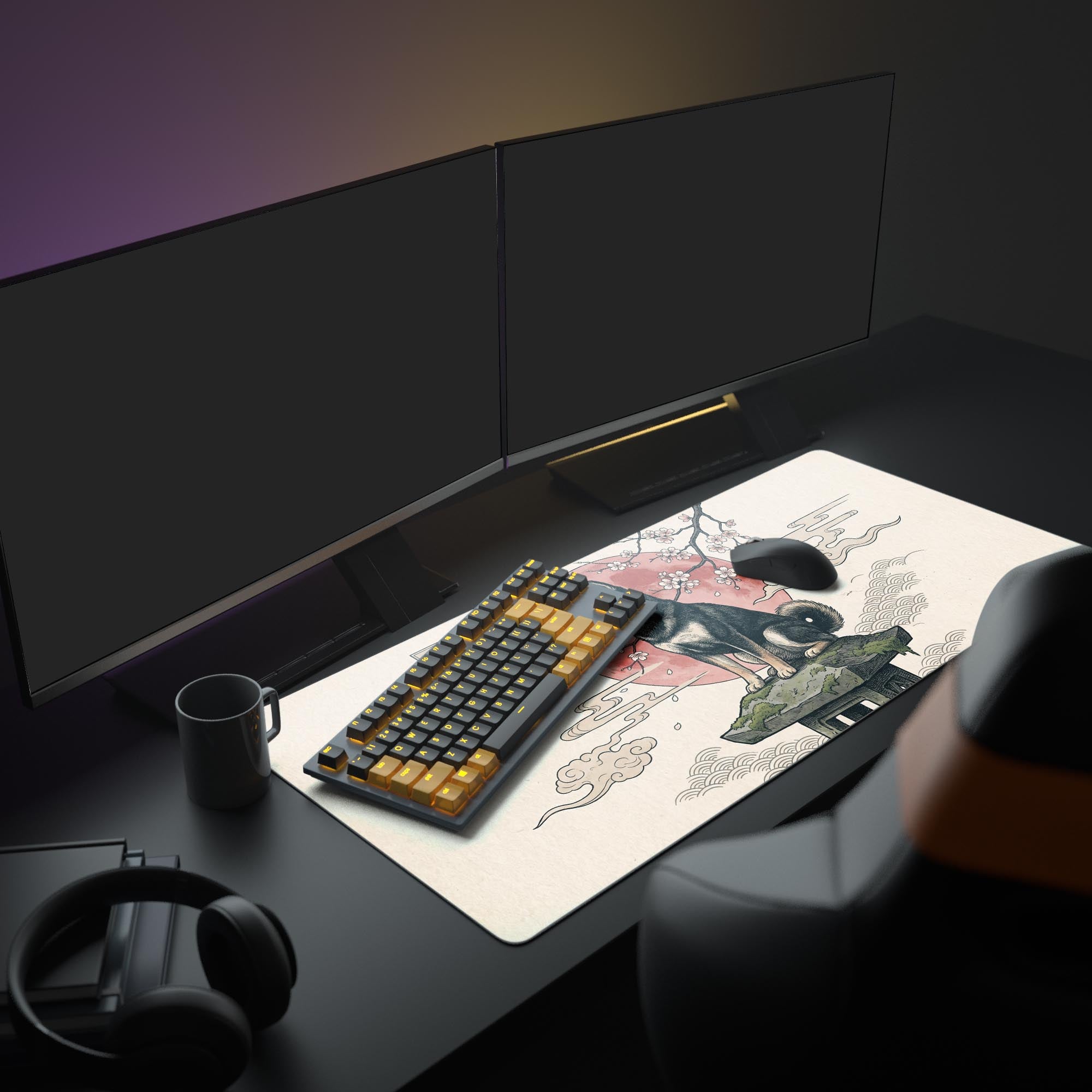 Large Shiba Guardian Japanese desk mat shown in a complete gaming setup with dual monitors, keyboard, and headphones, creating an aesthetic workspace. - Epic Design Pads & Mousepads