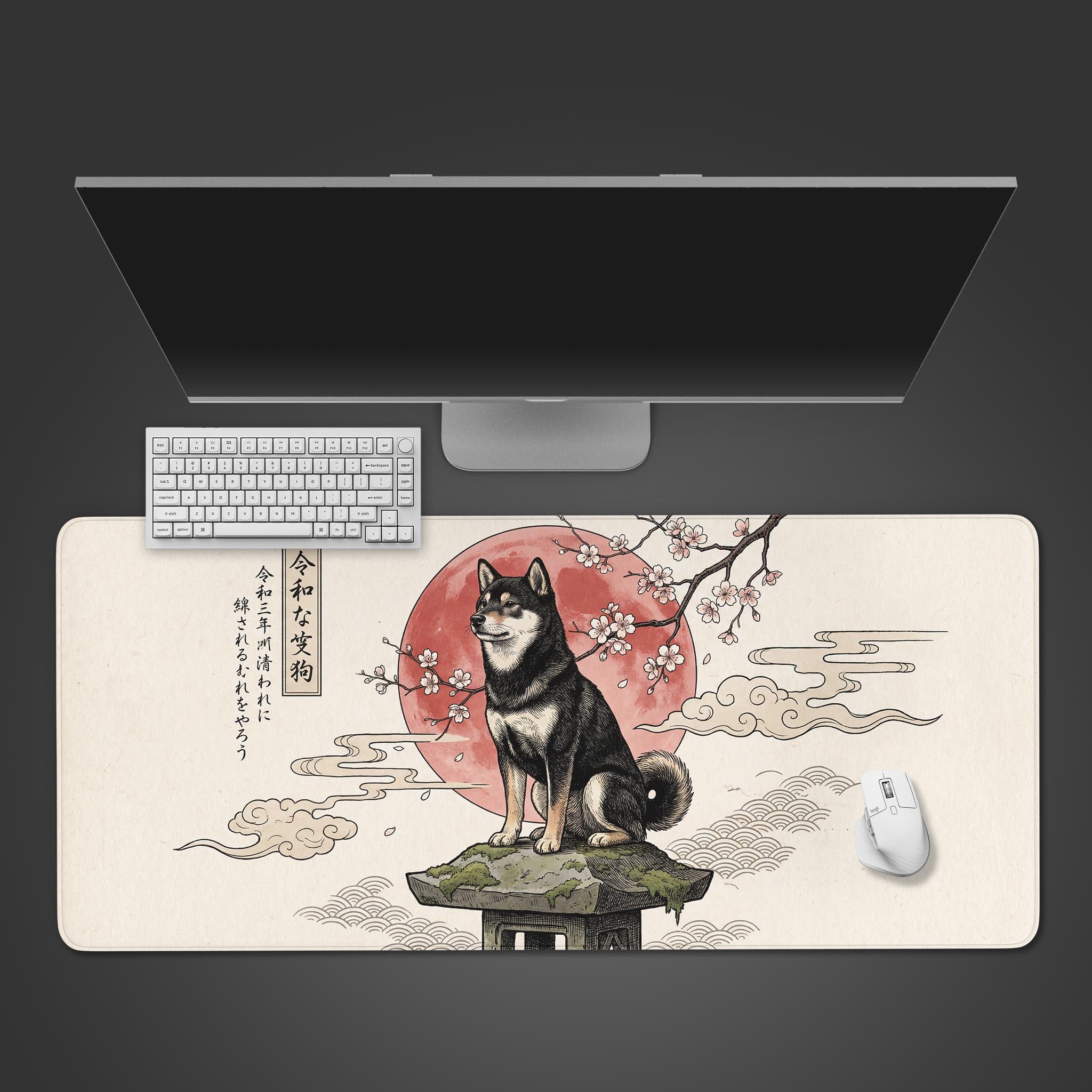 Shiba Guardian Japanese desk mat in a Ukiyo-e art style. Top-down view showing a keyboard and mouse on its large, smooth surface. - Epic Design Pads & Mousepads