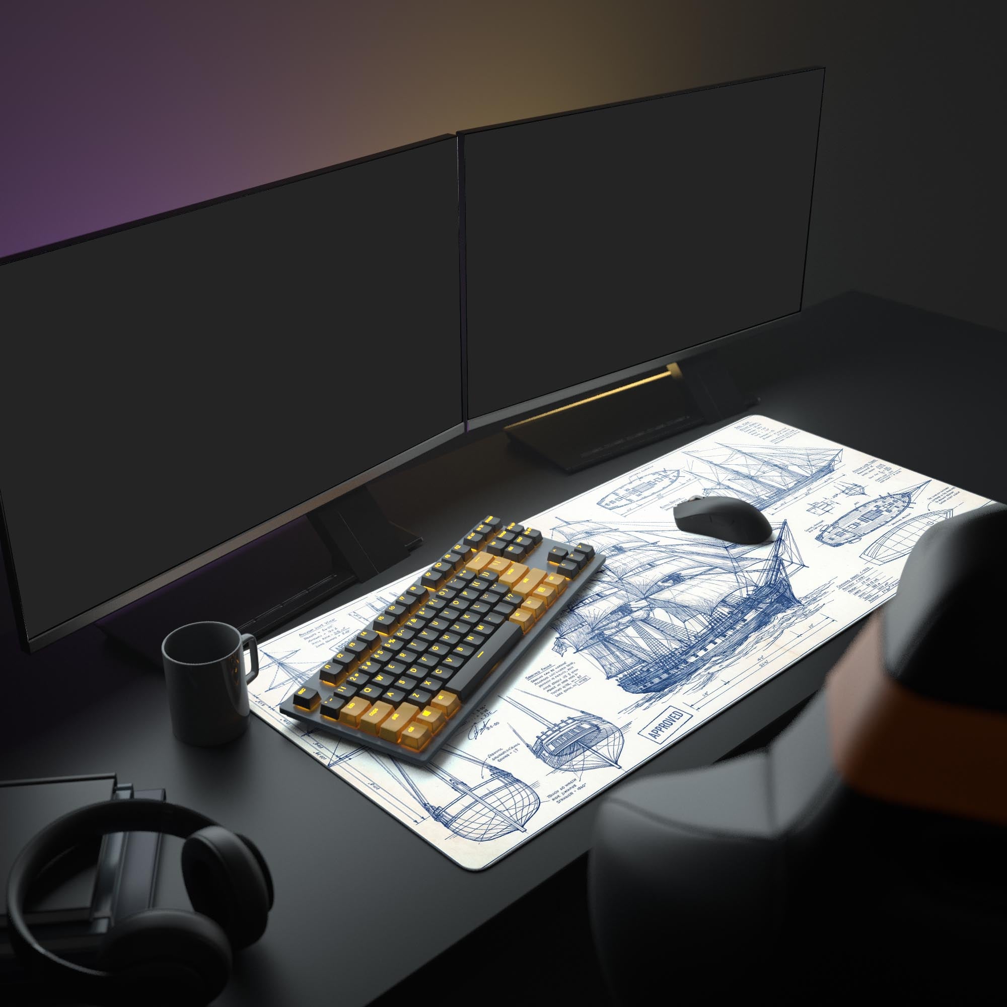A complete computer setup featuring the large Shipwright's Draft mouse pad, which displays a nautical schematic under a monitor, keyboard, and glowing mouse. - Epic Design Pads & Mousepads
