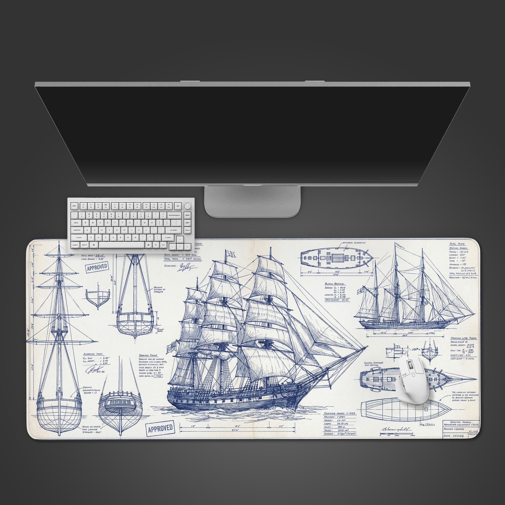 Top-down view of the Shipwright's Draft Gaming Desk Mat, featuring a vintage ship blueprint design under a modern keyboard and mouse on a clean desk. - Epic Design Pads & Mousepads