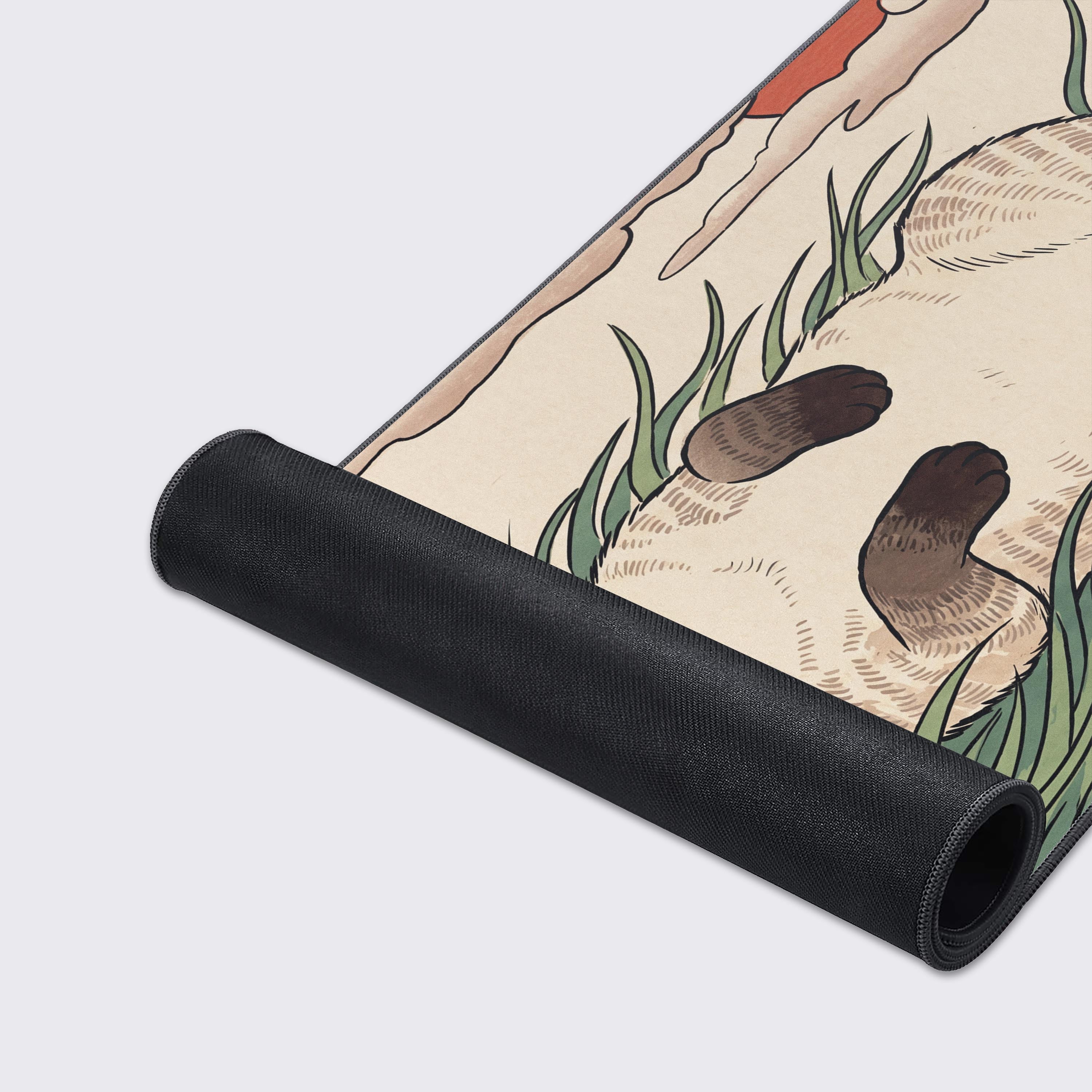 Top-down view of the sunbathing Siamese cat desk mat with stylised clouds and traditional Asian art influences.