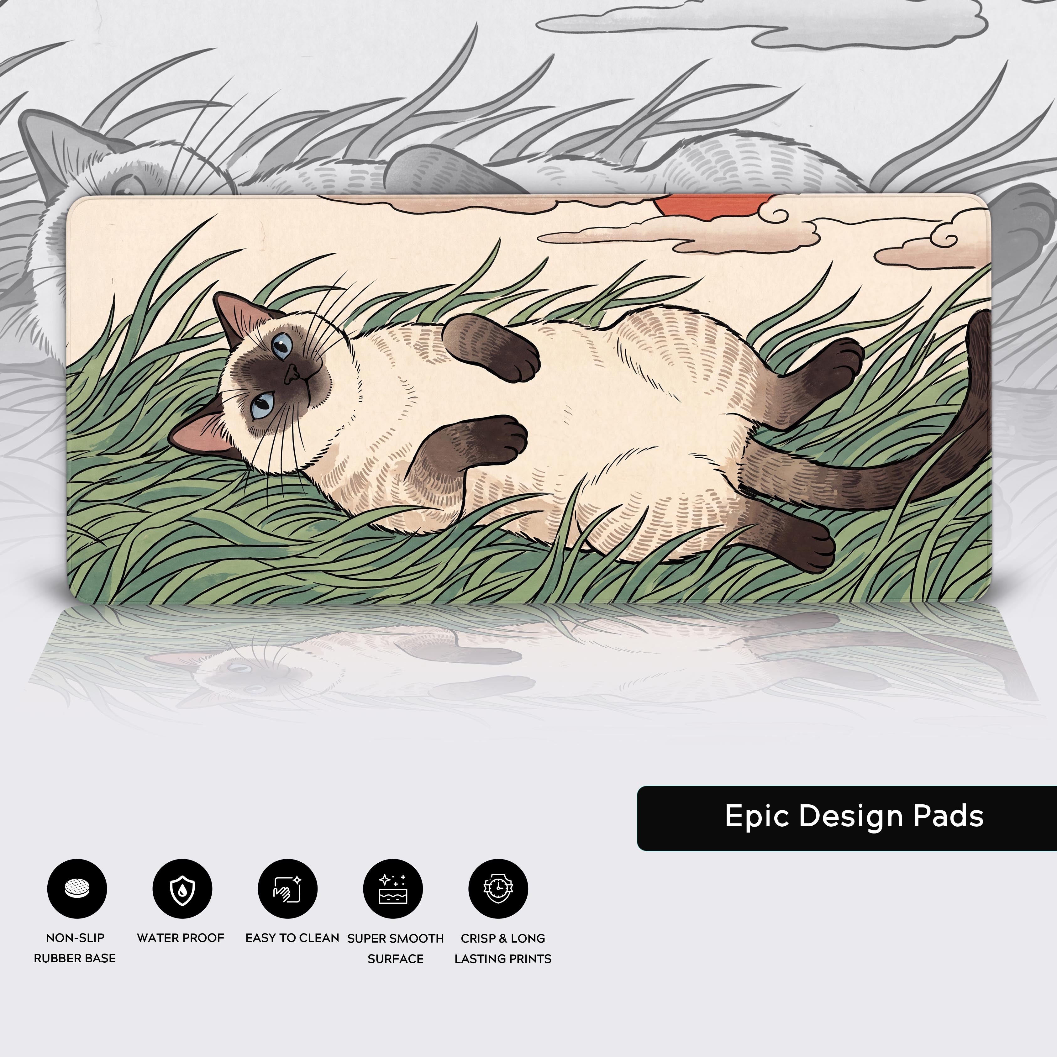 Aesthetic desk setup featuring the relaxing Siamese cat mouse pad with nature-inspired sage green and beige tones.