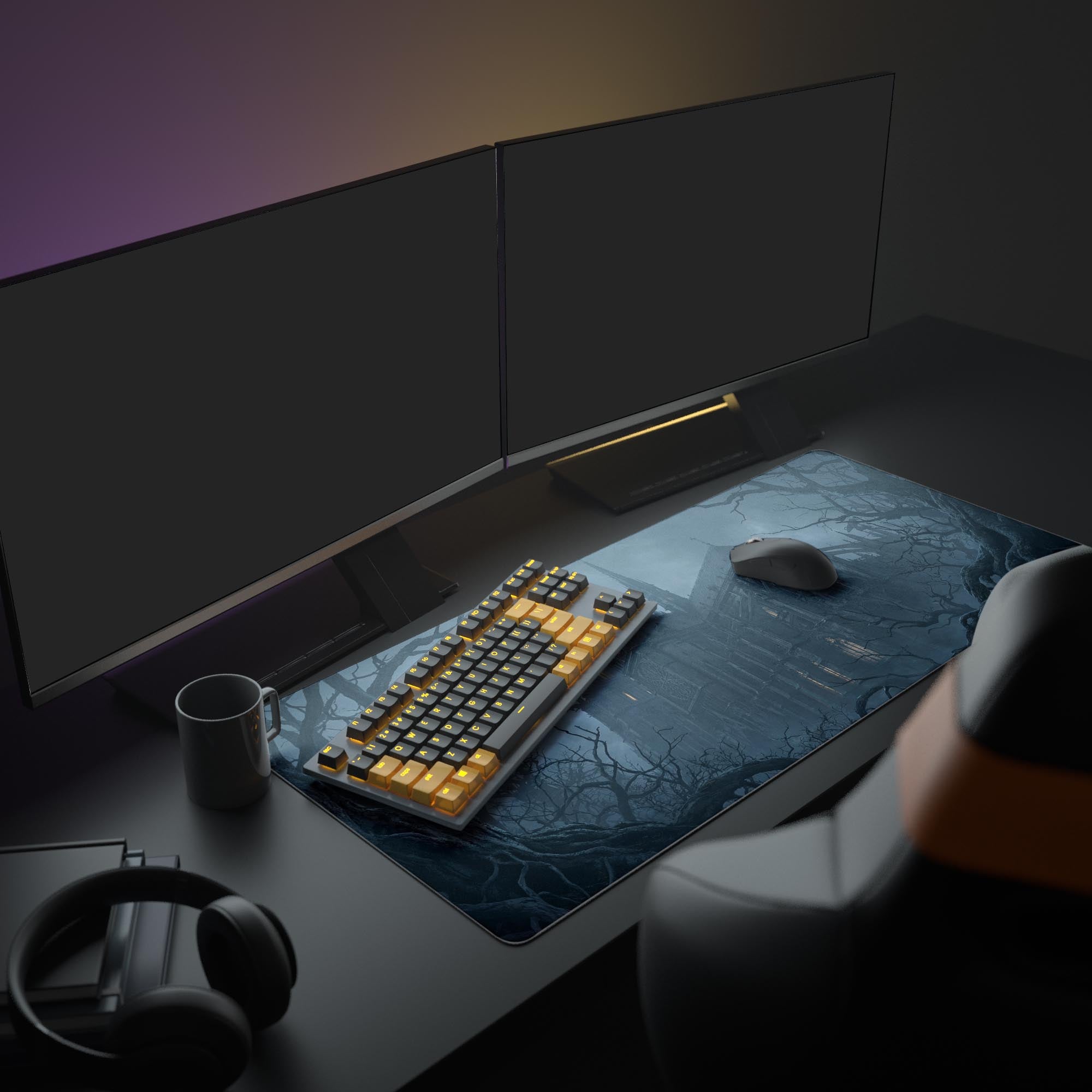 A full gaming PC setup showcasing the 'Silent Abbey' XL mouse pad, its moody gothic cathedral art creating a dark academia aesthetic with glowing peripherals. - Epic Design Pads & Mousepads