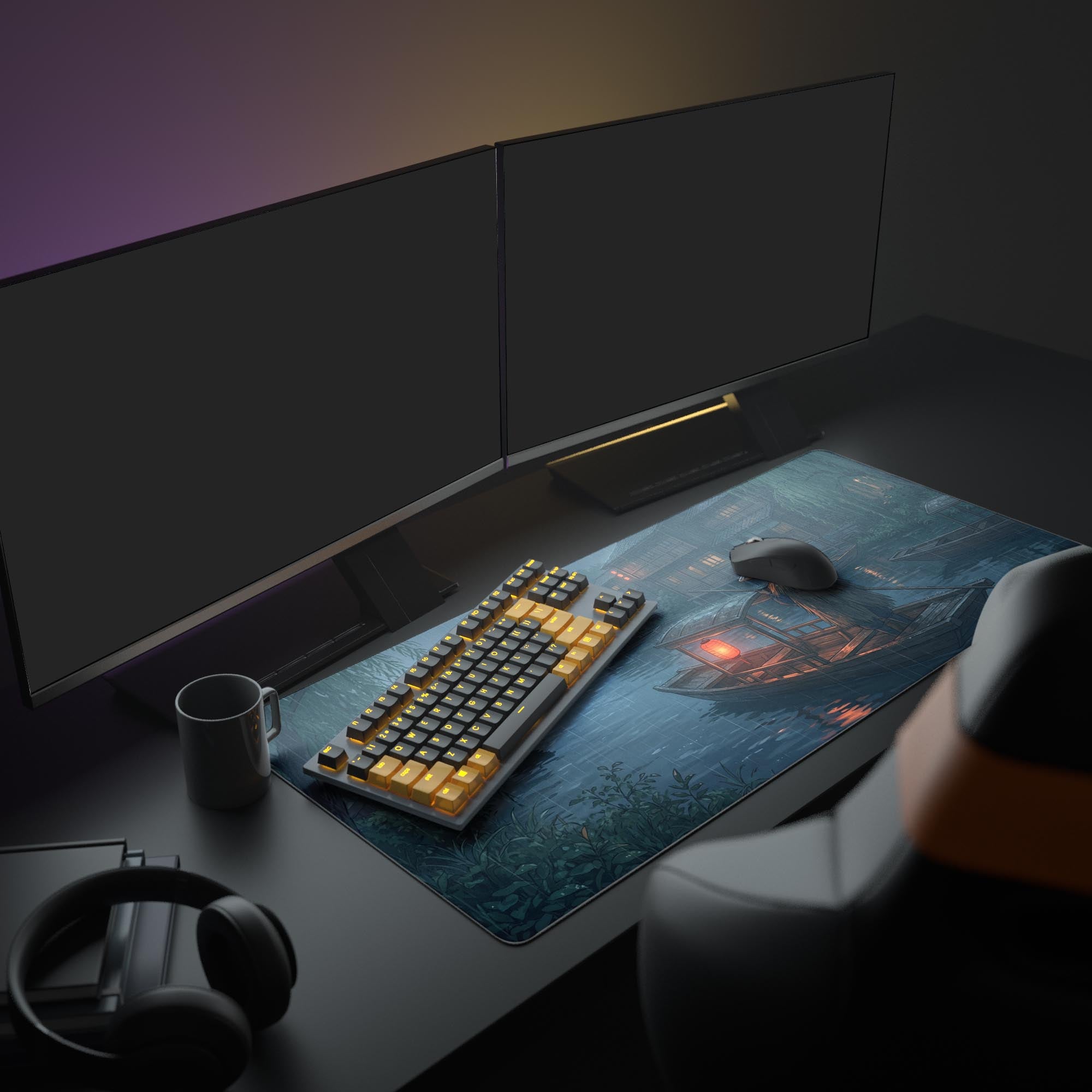 A full desk setup featuring the Silent Boatman mouse pad, creating a moody, atmospheric workspace with a monitor, keyboard, and other peripherals. - Epic Design Pads & Mousepads
