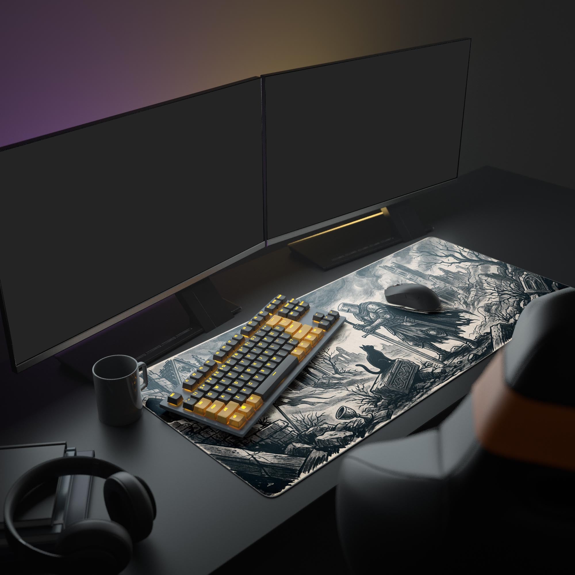 A full gaming setup featuring the Silent Companion mouse pad, which depicts a monochromatic knight and cat design, with glowing monitors and a keyboard. - Epic Design Pads & Mousepads