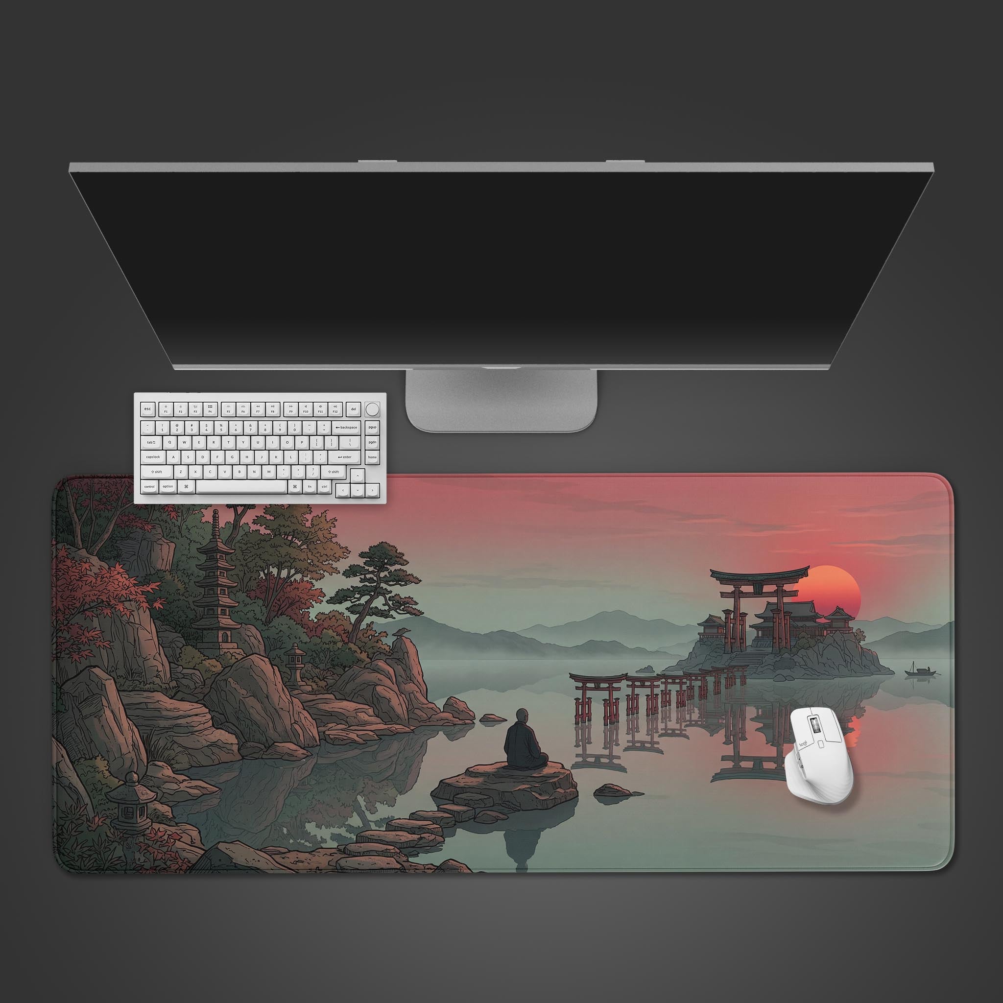 The 'Silent Focus' gaming desk mat shown from a top-down view with a white keyboard and mouse, featuring a Japanese temple and sunrise design. - Epic Design Pads & Mousepads