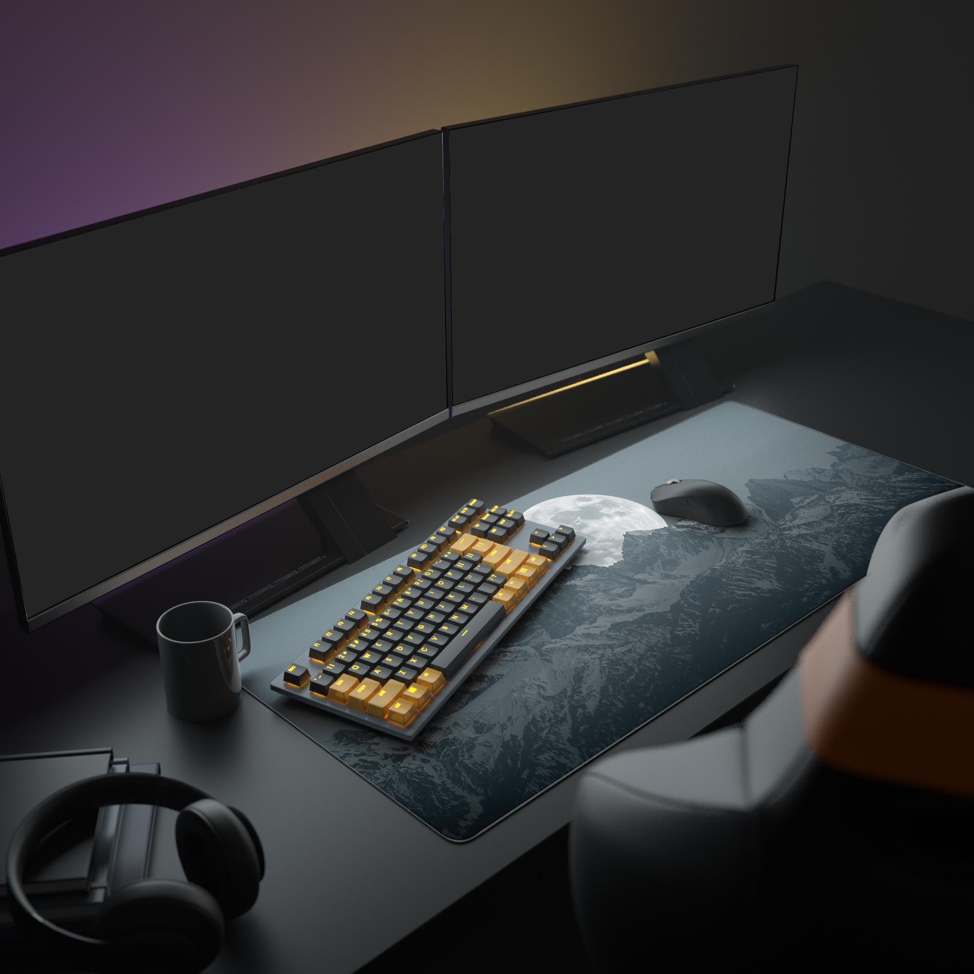 Large monochrome mountain desk mat in a full workspace setup with dual monitors, a mechanical keyboard, and headphones, creating an inspiring aesthetic. - Epic Design Pads
