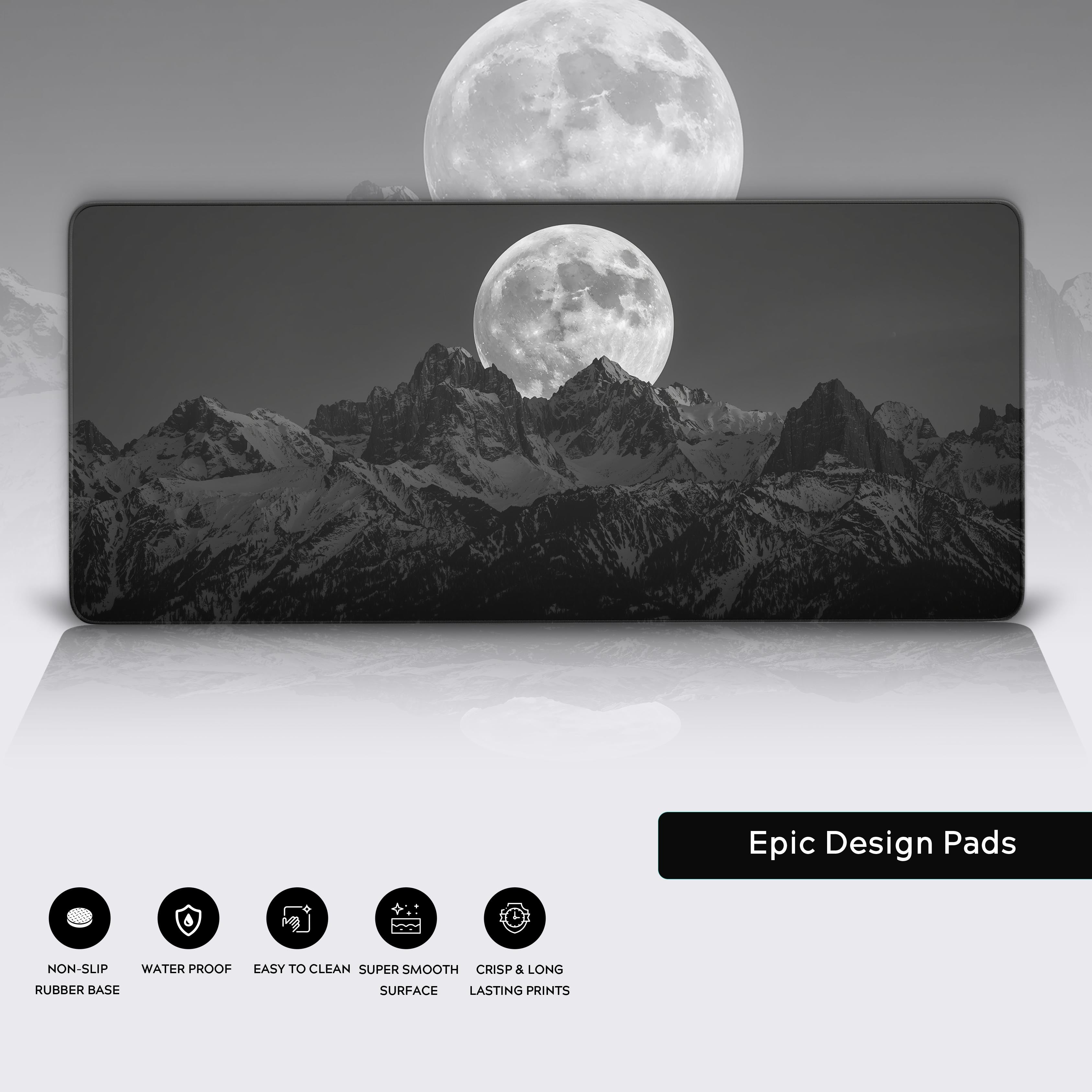 Close-up of the monochrome mountain desk mat, highlighting the durable stitched edges, water-resistant surface, and non-slip rubber base for peak performance. - Epic Design Pads
