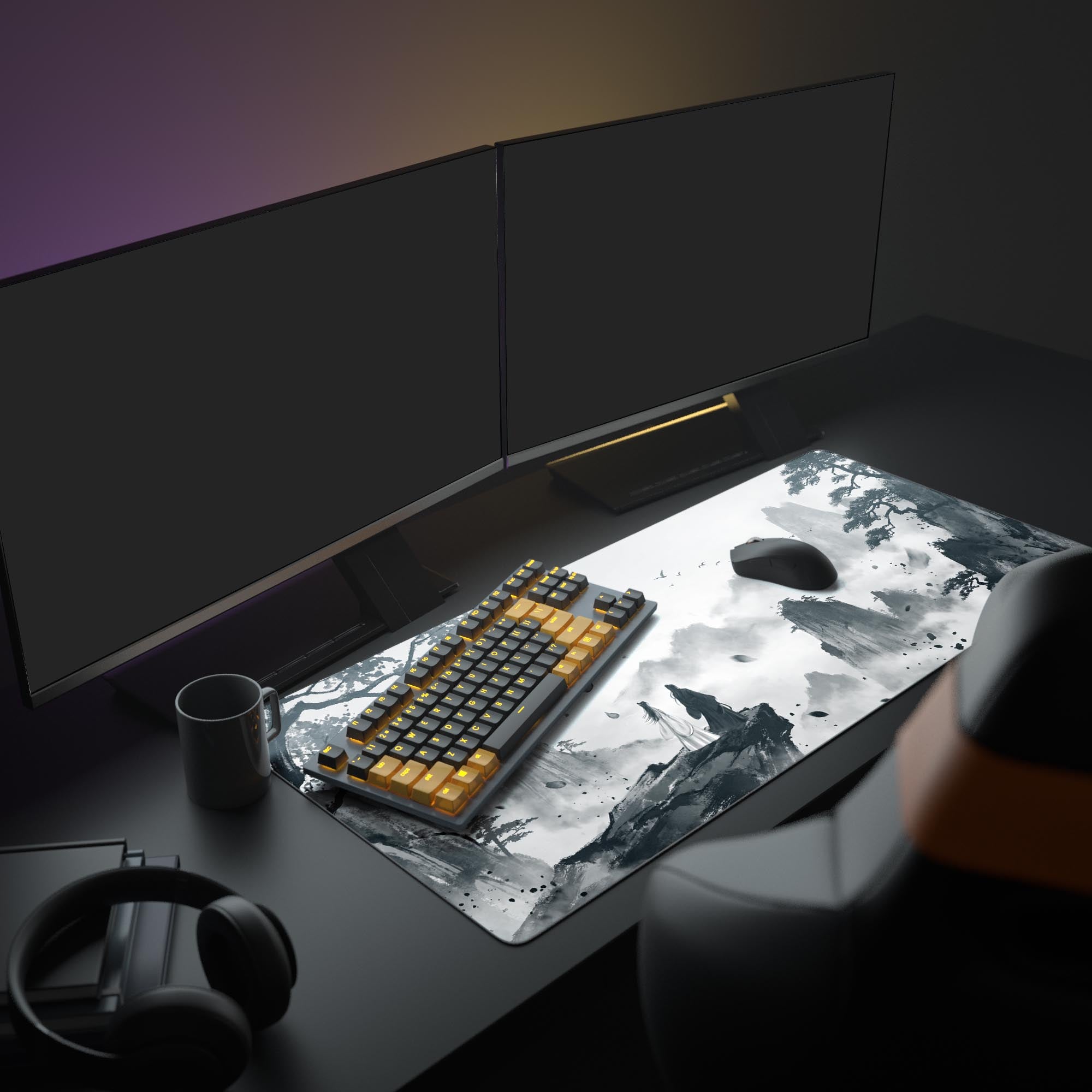 A complete desk setup featuring the Silent Observers mouse pad, with dual monitors, an illuminated keyboard, and a white mouse creating a serene, monochrome aesthetic. - Epic Design Pads & Mousepads