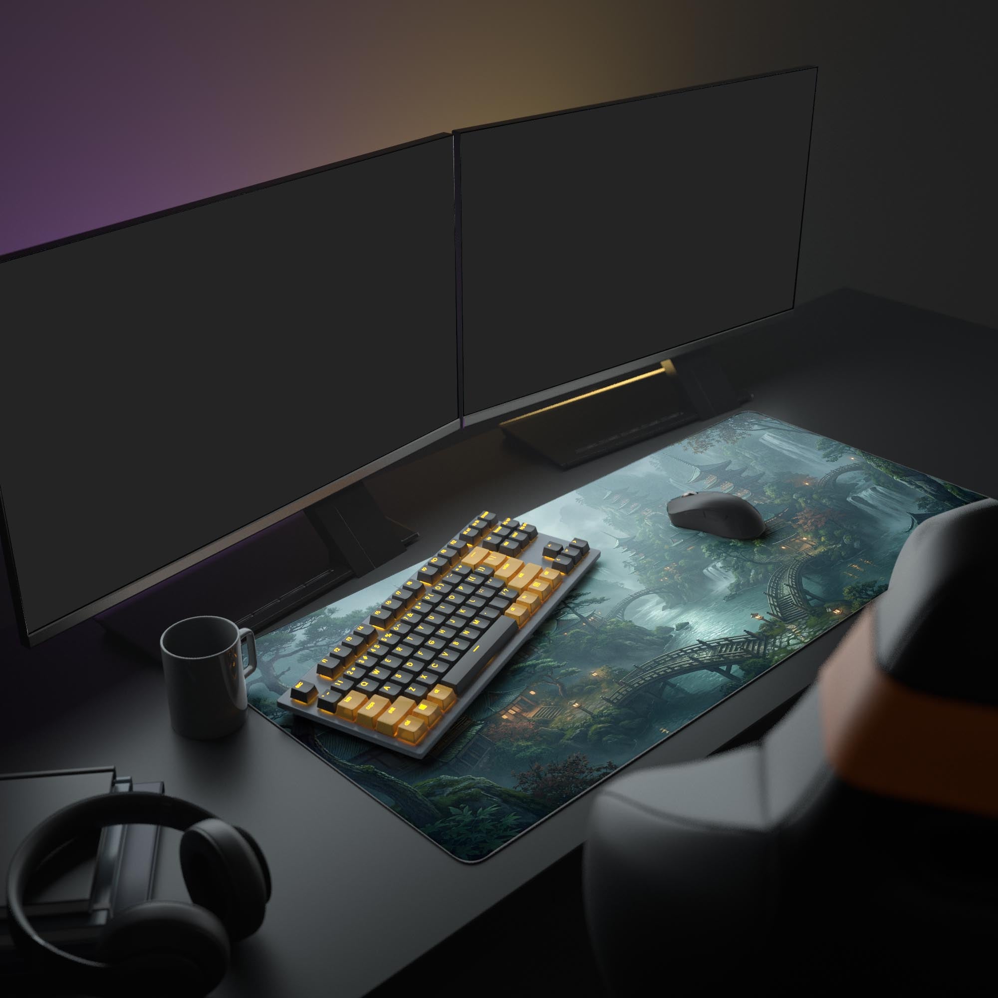 The Silent Pagoda desk mat enhances a full PC setup, providing a serene Japanese mountain landscape for a gaming keyboard and mouse, creating a focused, aesthetic workspace. - Epic Design Pads & Mousepads