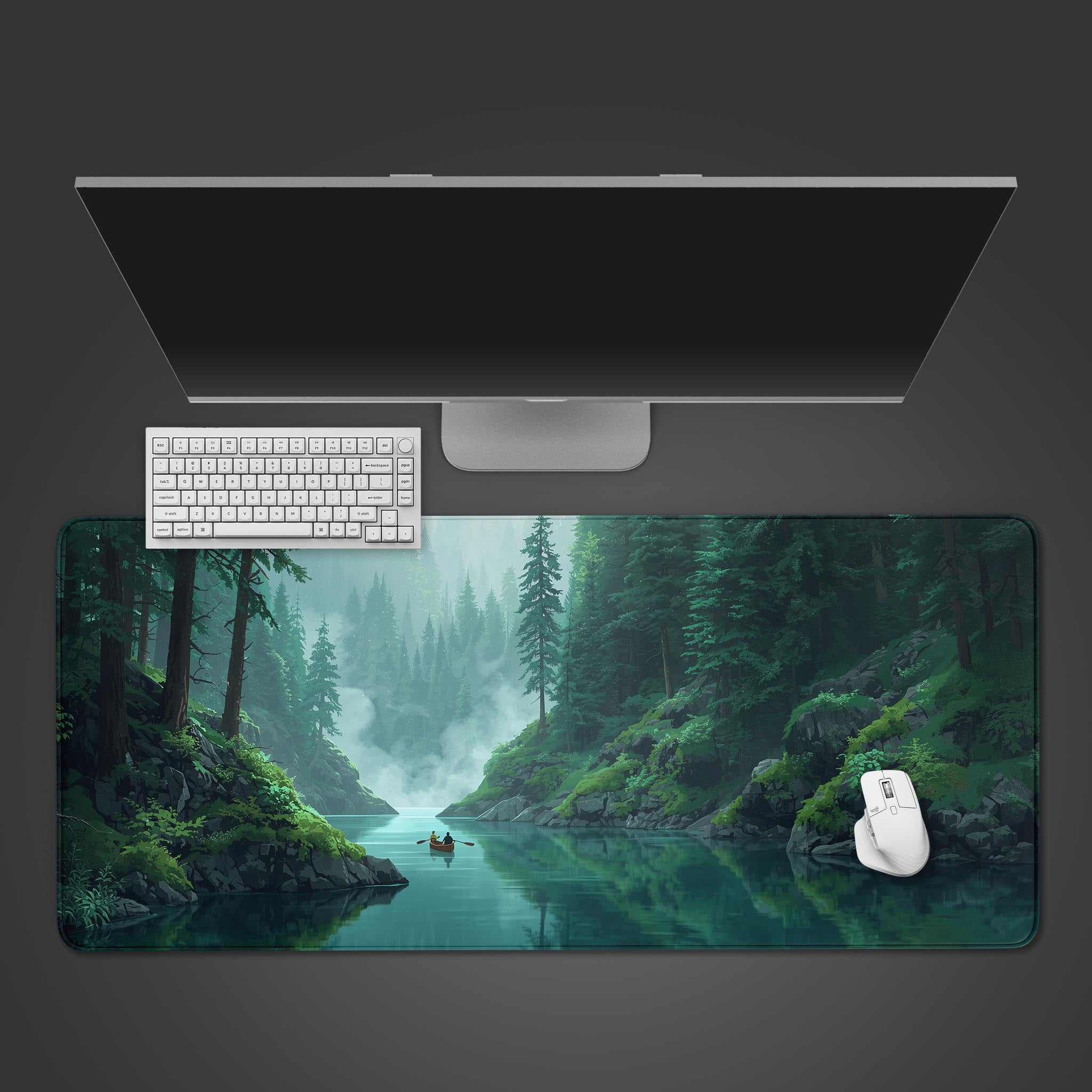 Aesthetic desk mat featuring the tranquil 'Silent Passage' forest and lake design, shown in a clean desktop view with a white keyboard and mouse. - Epic Design Pads