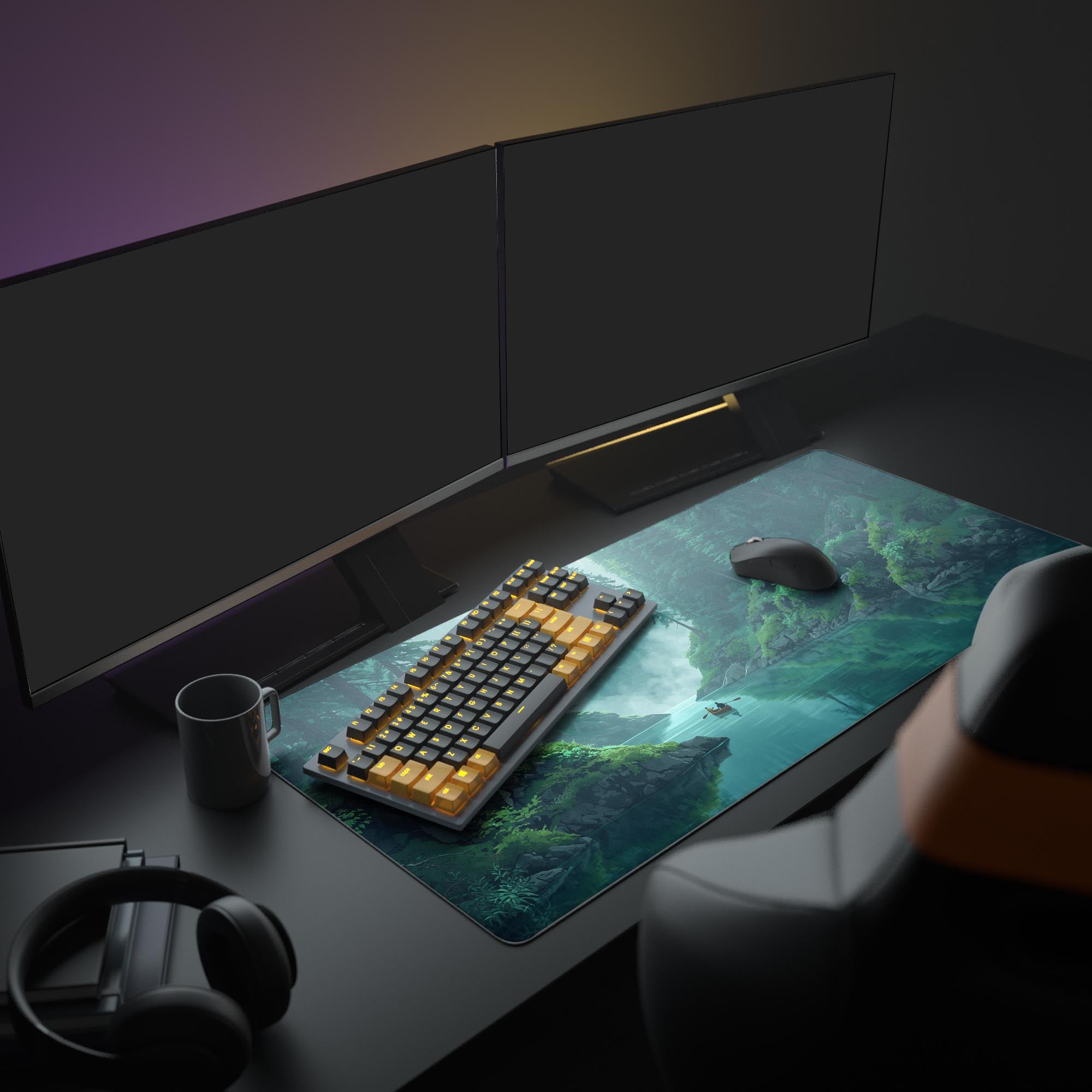 Large 'Silent Passage' desk mat in a complete WFH desk setup with dual monitors, a mechanical keyboard, and professional headphones. - Epic Design Pads