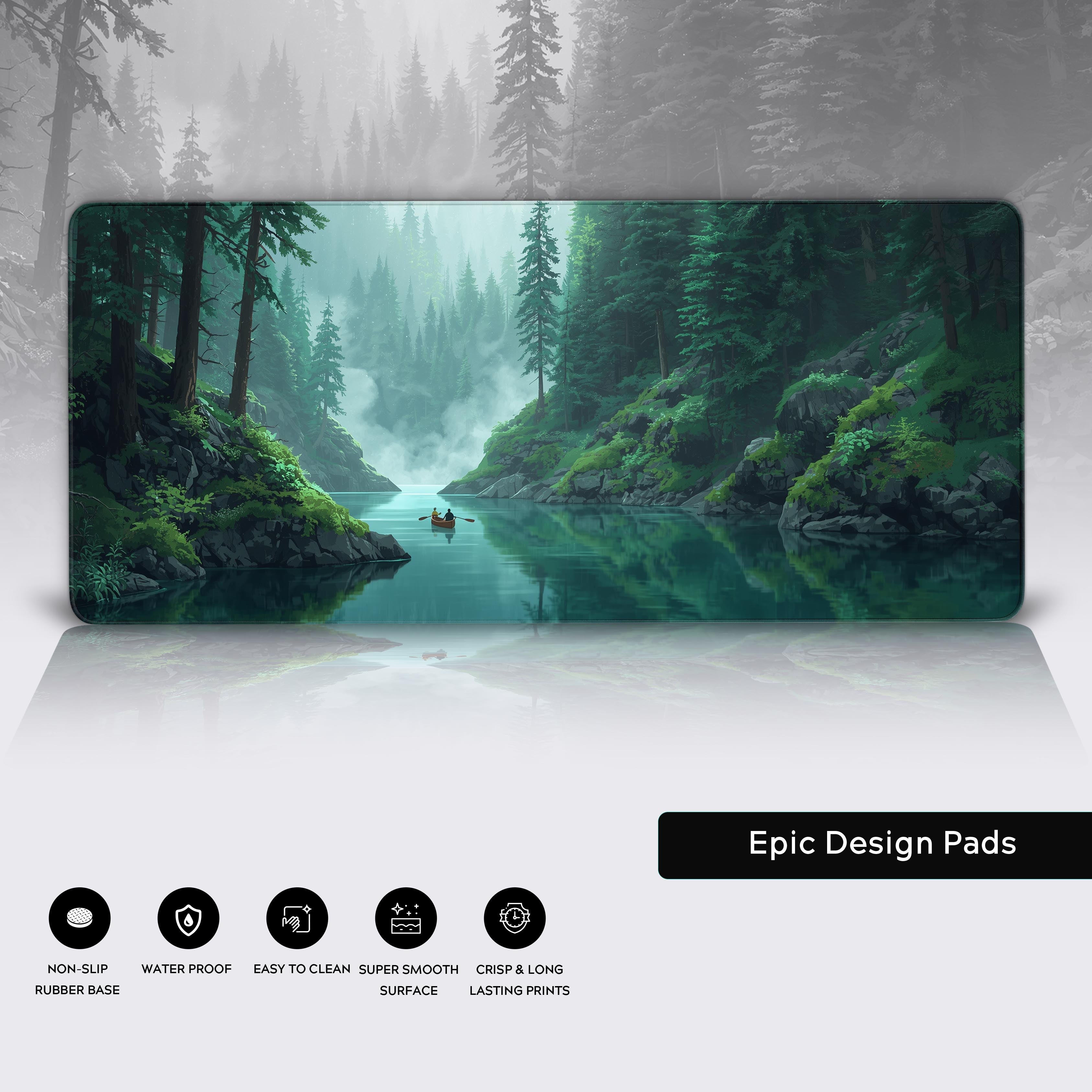 Close-up detail of the 'Silent Passage' desk mat, showcasing its premium anti-fray stitched edges, smooth glide surface, and non-slip rubber base. - Epic Design Pads