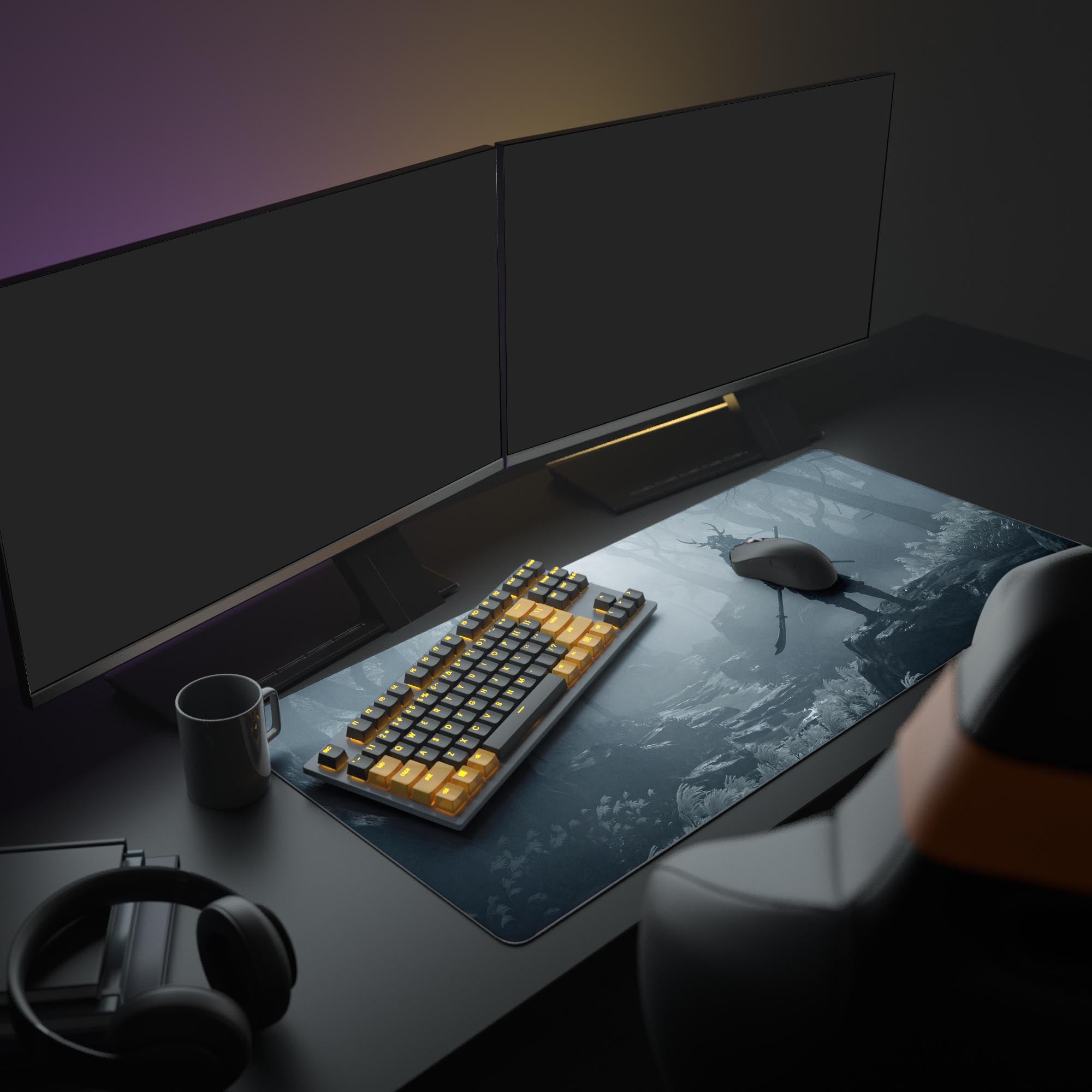 A minimalist gaming setup featuring the Silent Ronin XL Mouse Pad, with its dark samurai design creating a focused aesthetic under a sleek monitor. - Epic Design Pads & Mousepads