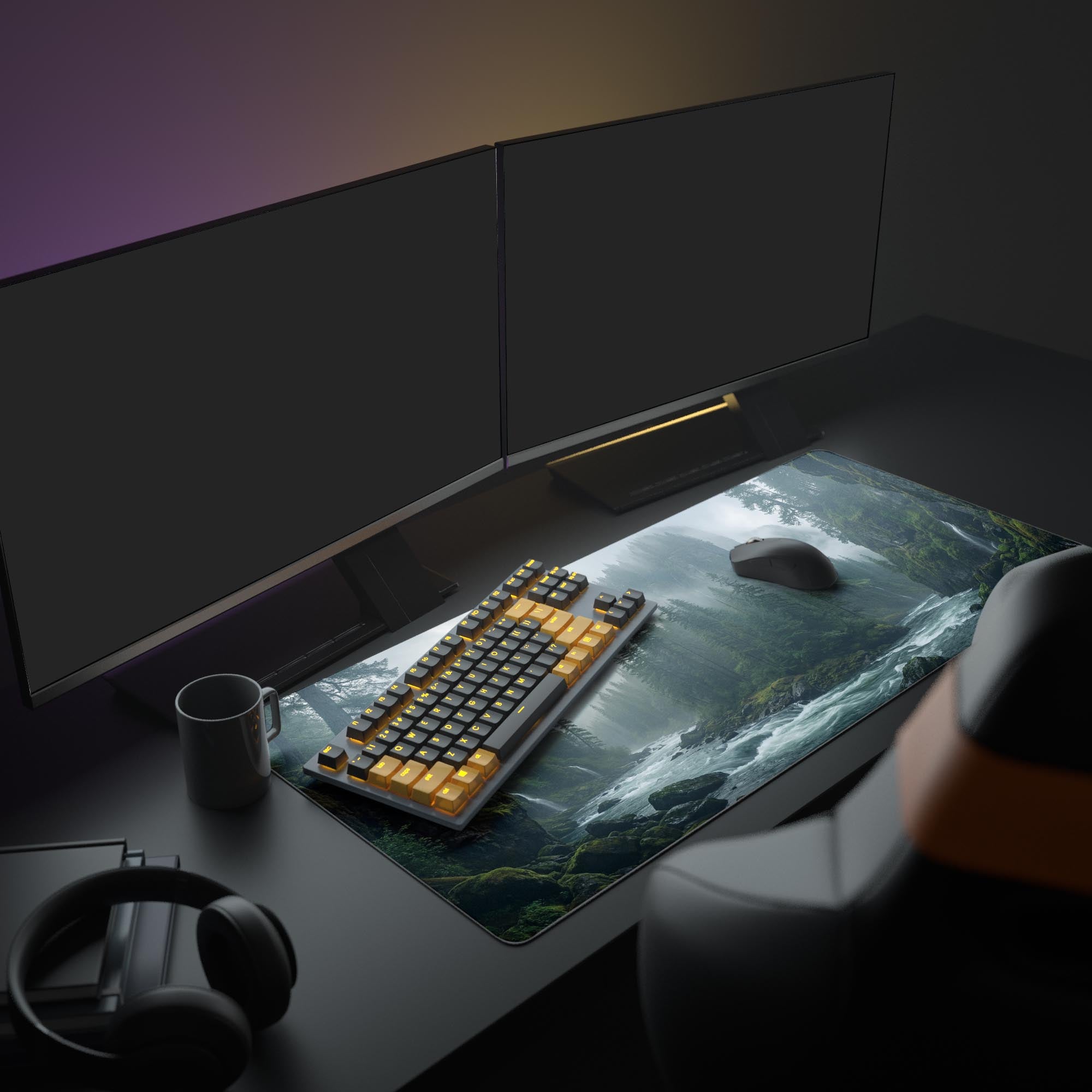 A serene PC gaming setup featuring the Silent Valley mouse pad. The misty forest design complements dual monitors and a minimalist keyboard, creating an immersive workspace. - Epic Design Pads & Mousepads