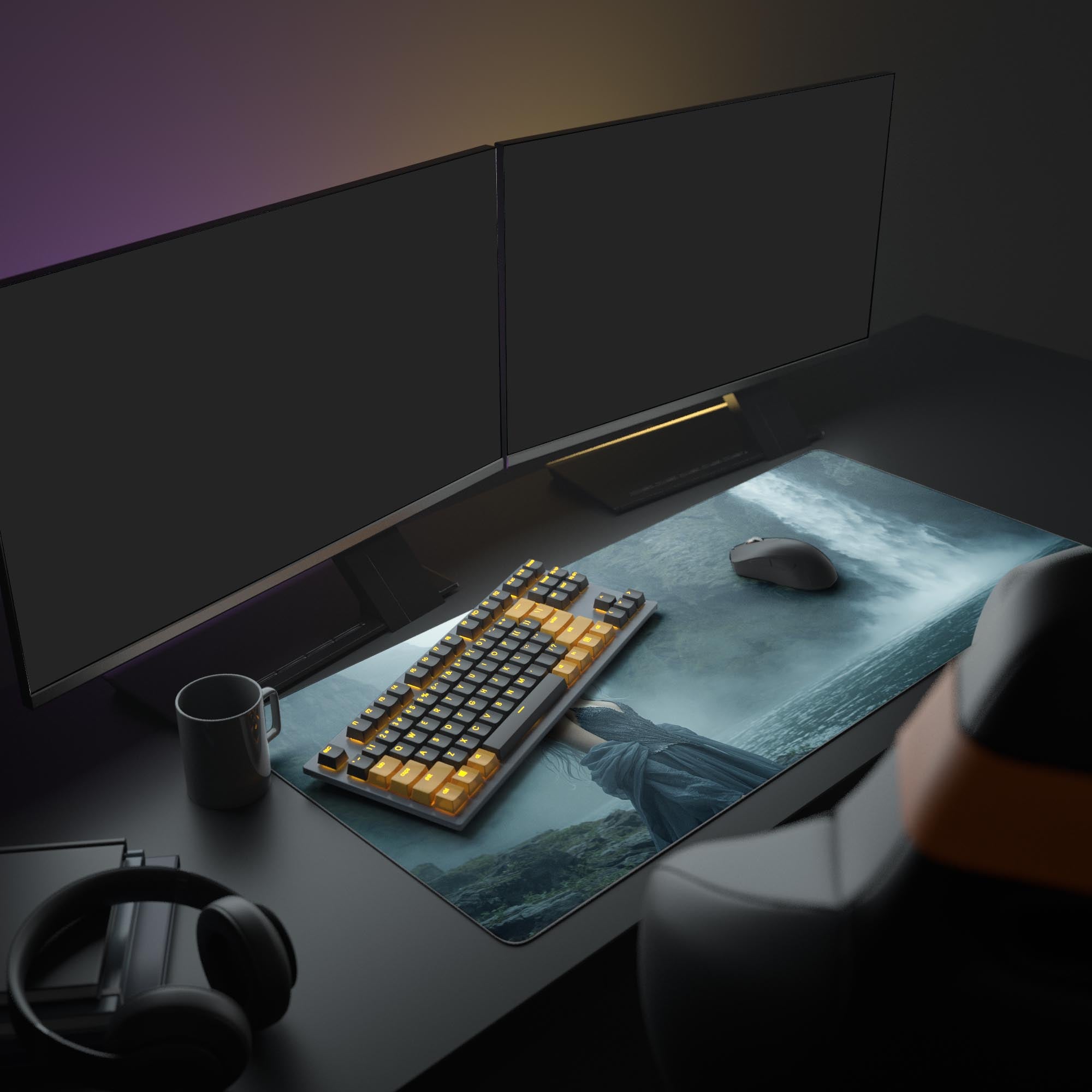 Large Silver Maiden fantasy gaming desk mat featured in a mystical desk setup with a monitor, keyboard, and headphones. - Epic Design Pads