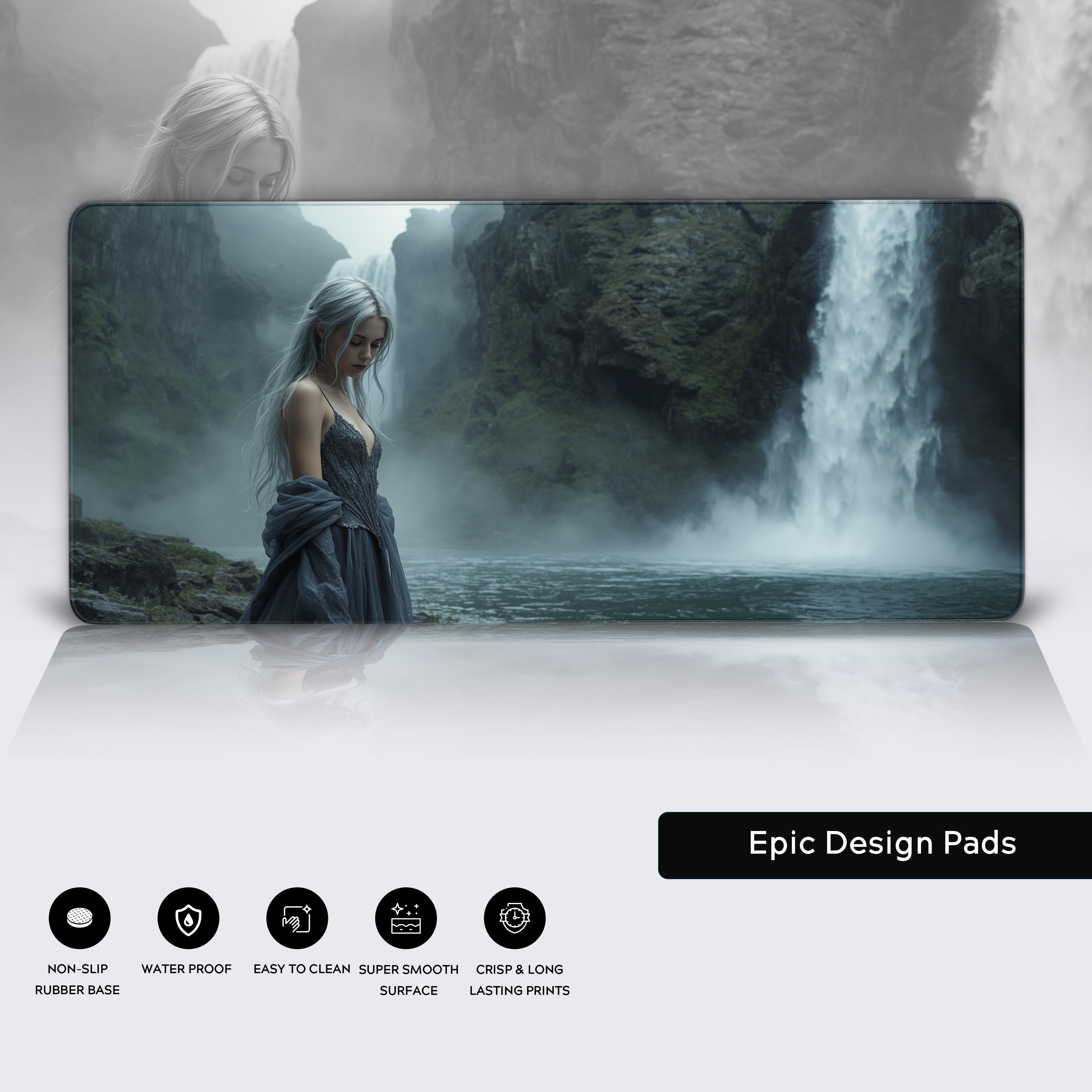 Close-up of the Silver Maiden fantasy desk mat, highlighting the high-quality stitched edges and non-slip rubber base of the gaming mouse pad. - Epic Design Pads