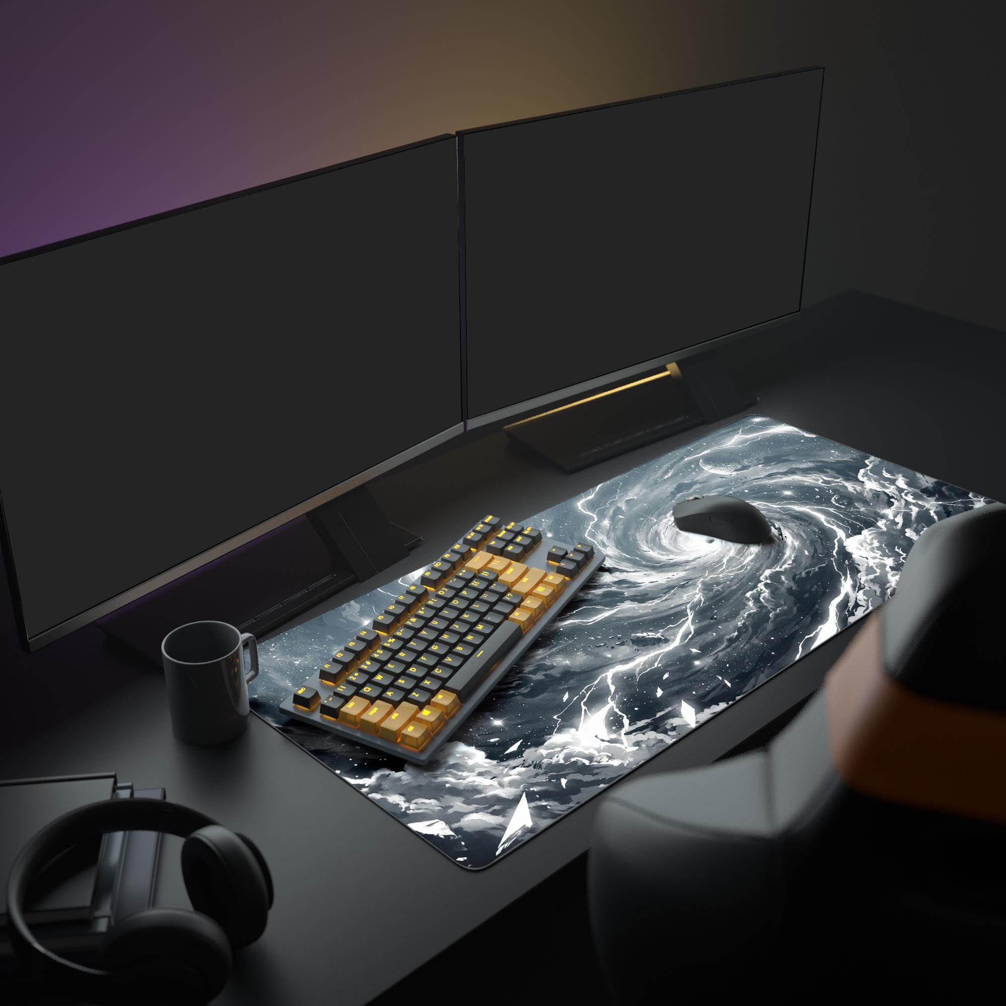 A complete gaming setup featuring the black and white Singularity Void mouse pad as the centerpiece, enhancing the aesthetic of the dual monitors and RGB keyboard. - Epic Design Pads & Mousepads
