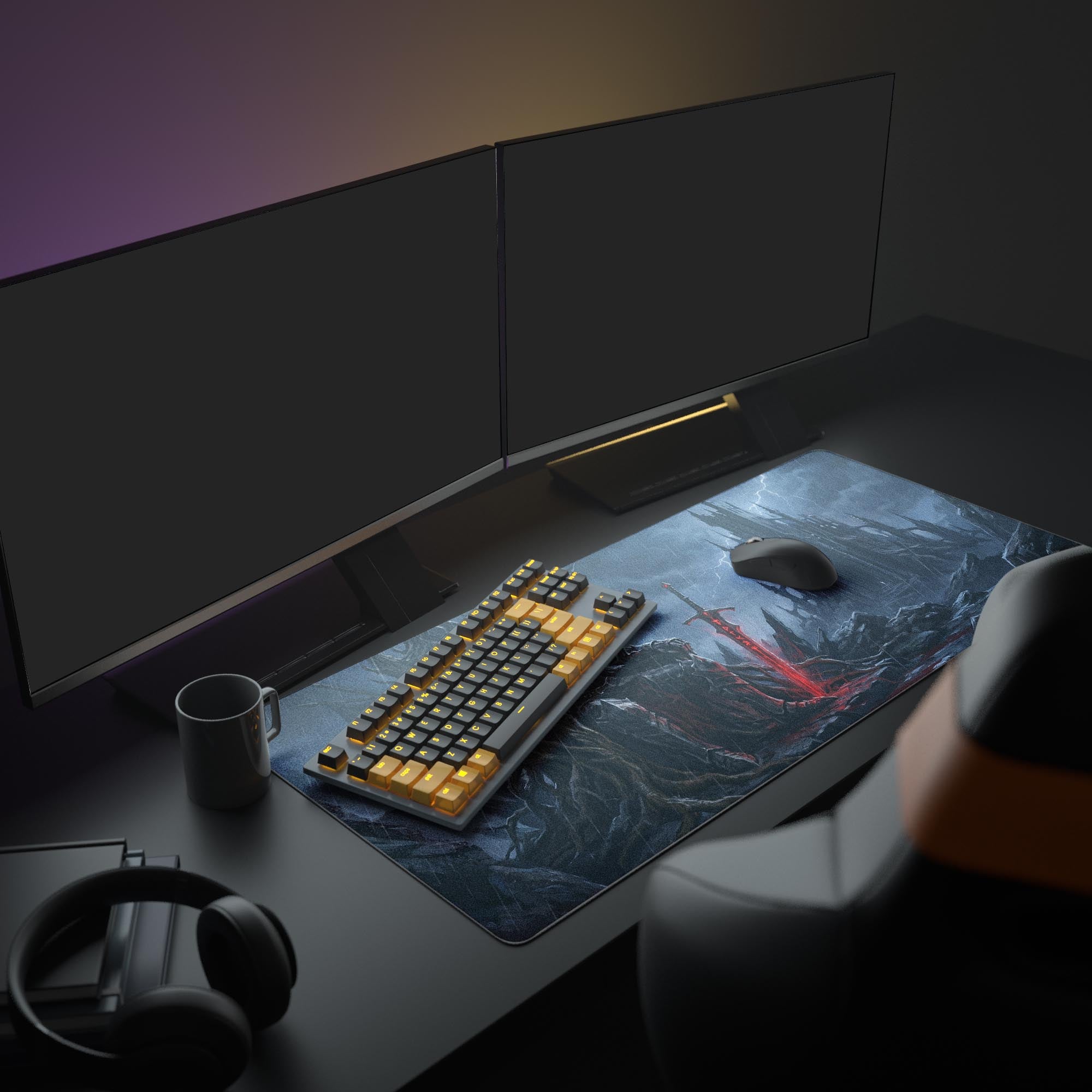Close-up of the gothic castle and lightning storm artwork on the gaming mouse pad