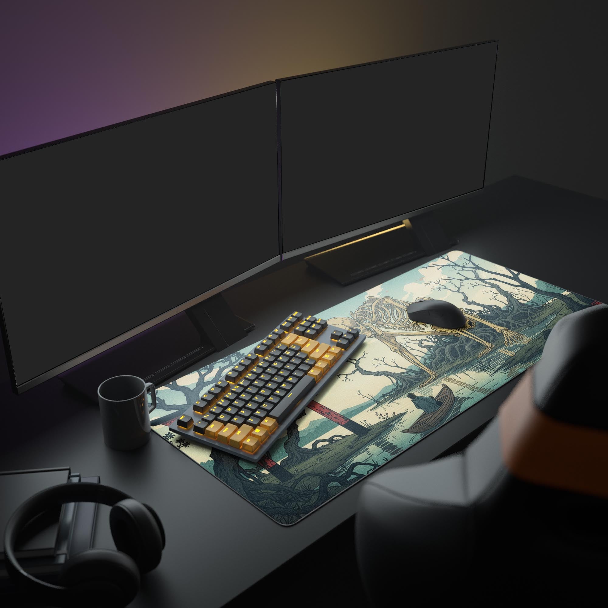 Large gaming desk mat featuring Japanese skeleton folklore art, displayed in a full desk setup with dual monitors, headphones, and a keyboard. - Epic Design Pads & Mousepads