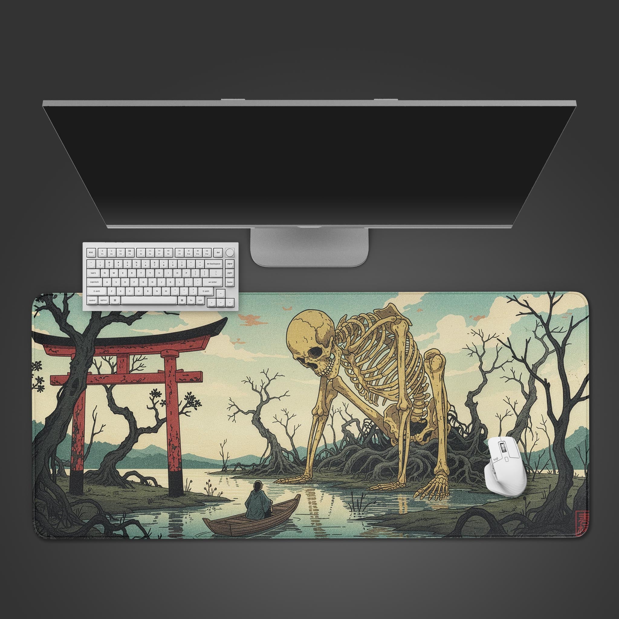 Skeleton Shore Japanese art desk mat with Ukiyo-e design, shown from a top-down view with a mechanical keyboard and mouse. - Epic Design Pads & Mousepads