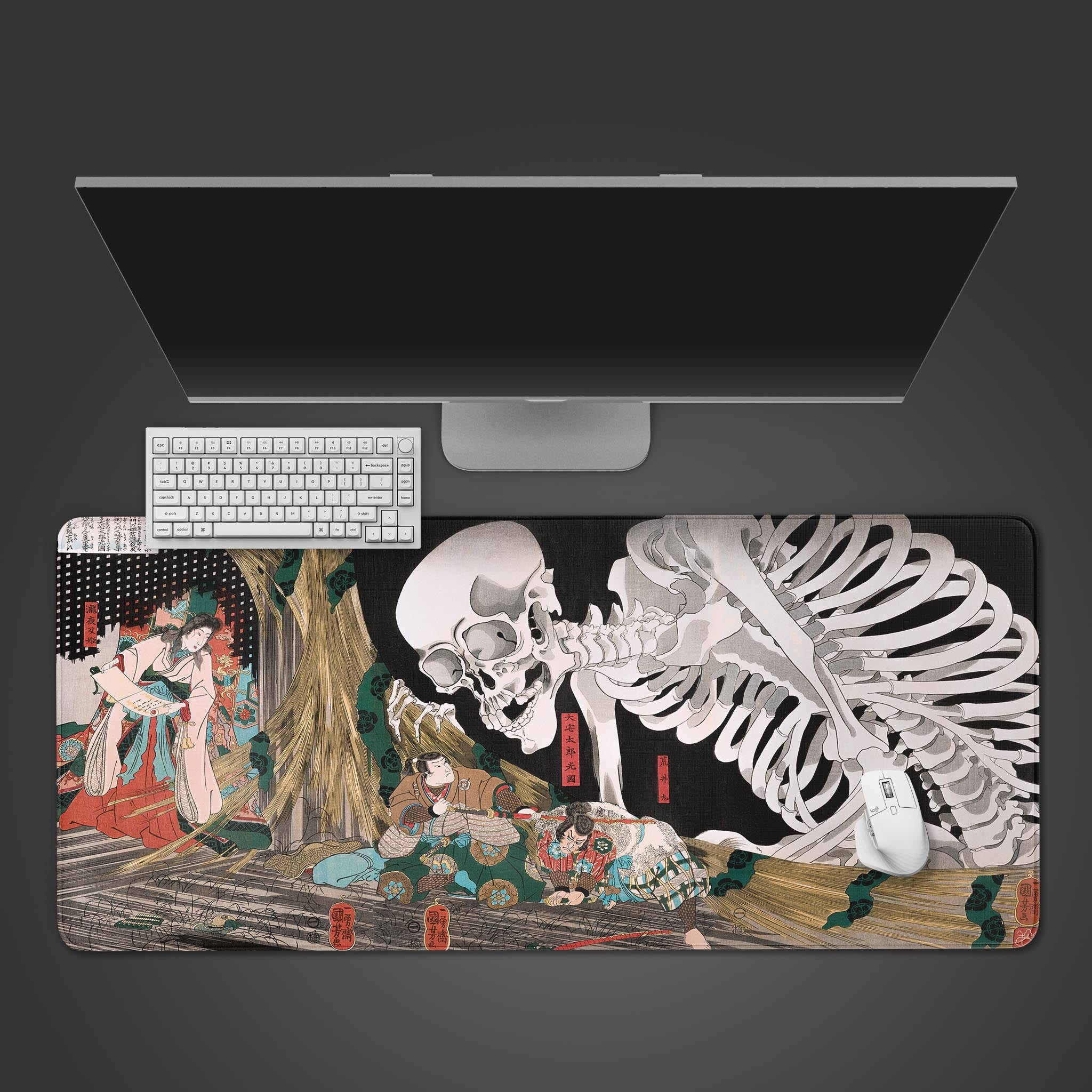 Skeleton Spectre Japanese art desk mat in a top-down view with a minimalist black keyboard and mouse, highlighting the detailed Ukiyo-e design. - Epic Design Pads & Mousepads
