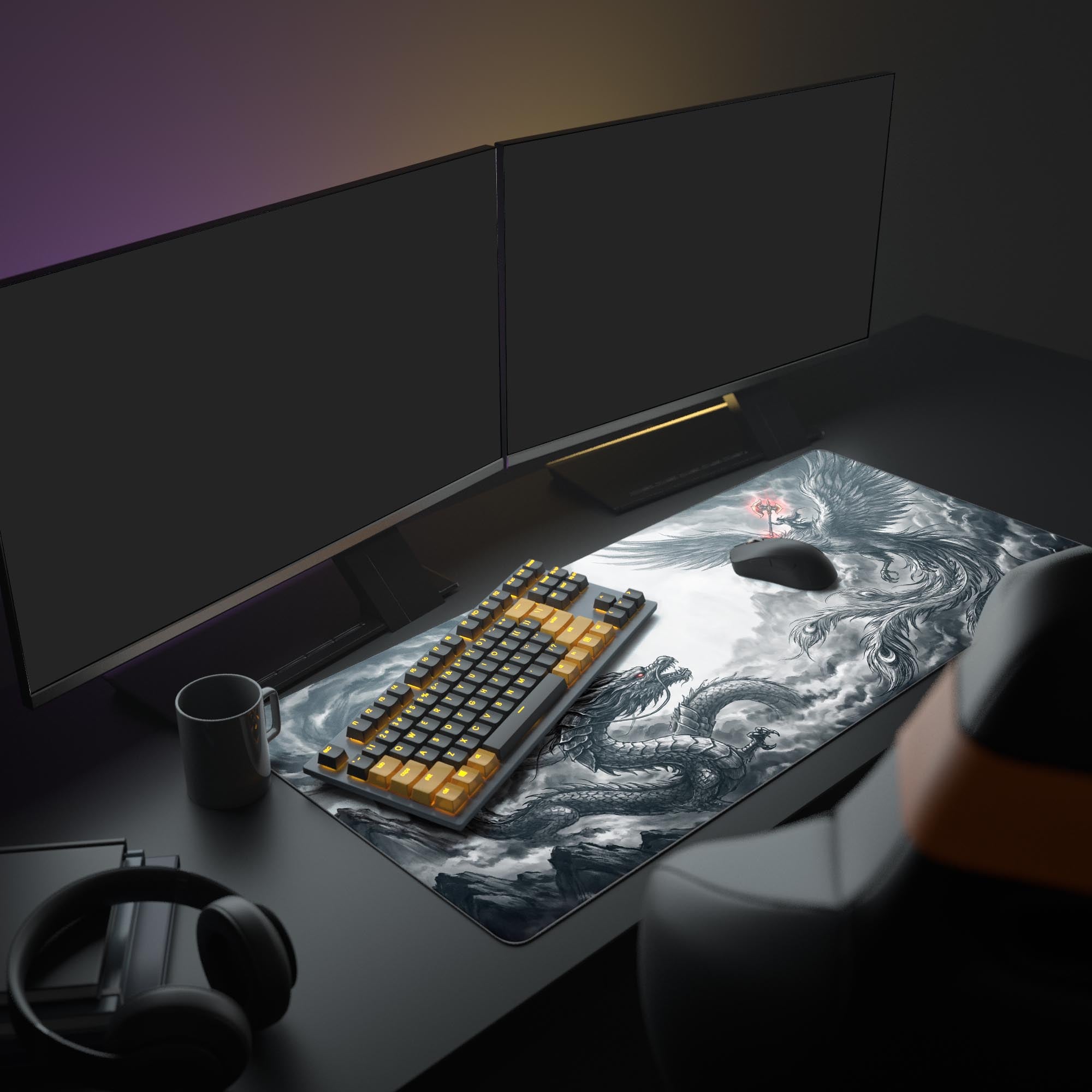 A full gaming PC setup featuring the Skyward Clash mouse pad, which depicts an epic battle between a dragon and a phoenix under a large monitor. - Epic Design Pads & Mousepads