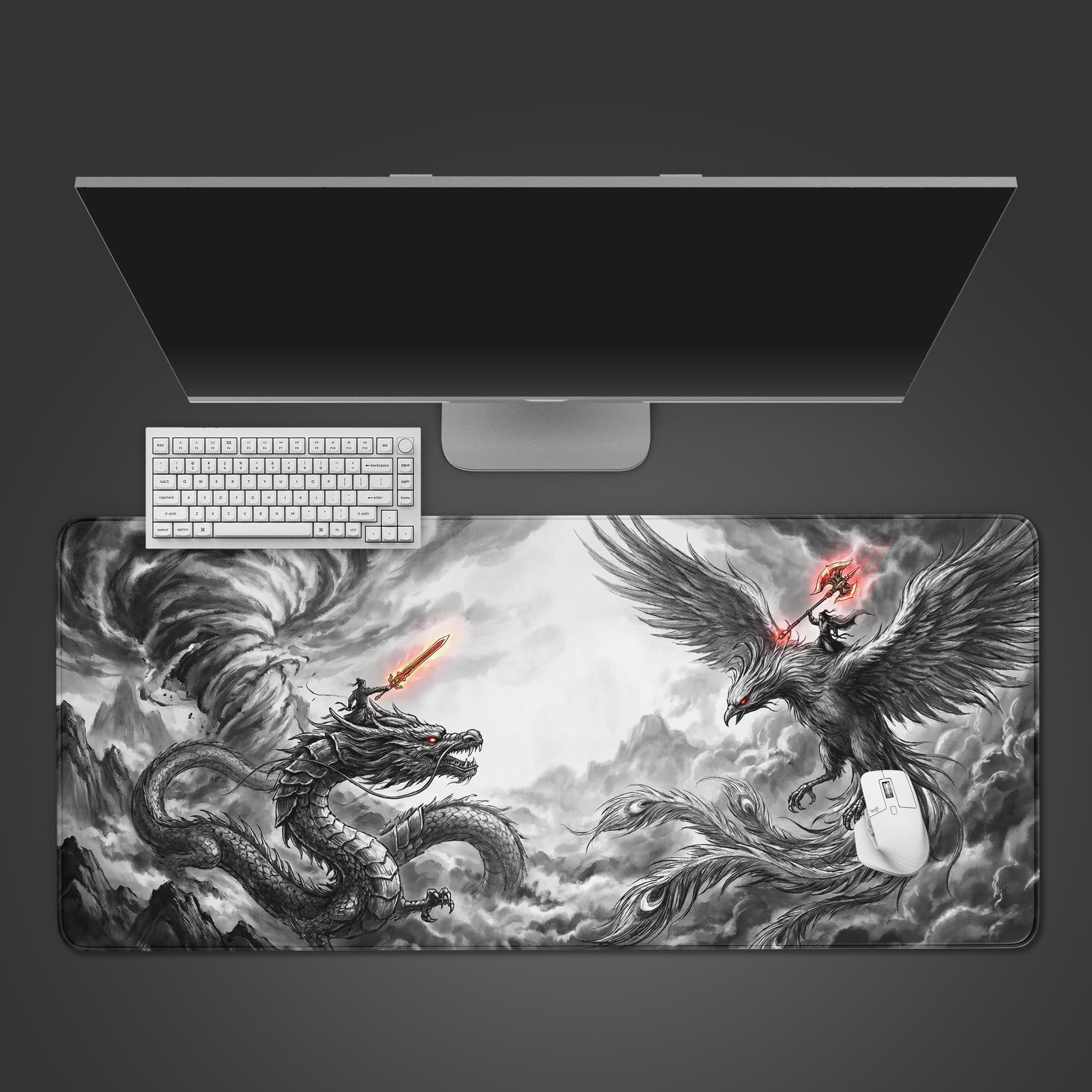 The Skyward Clash gaming desk mat shown from above with a white keyboard and mouse, featuring a monochrome design of a dragon fighting a phoenix. - Epic Design Pads & Mousepads