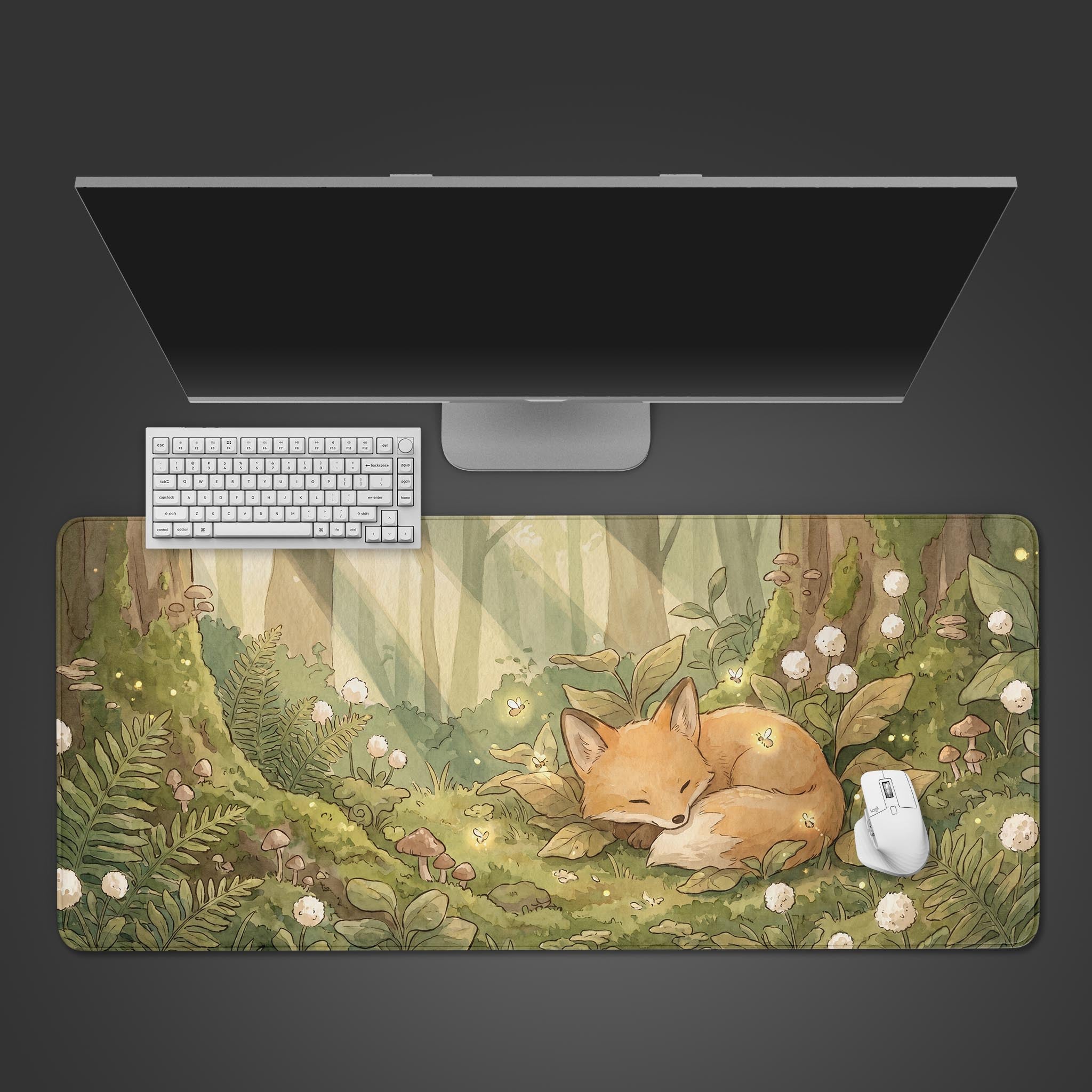 Watercolor sleeping fox desk mat in a lush green mossy forest with sunbeams