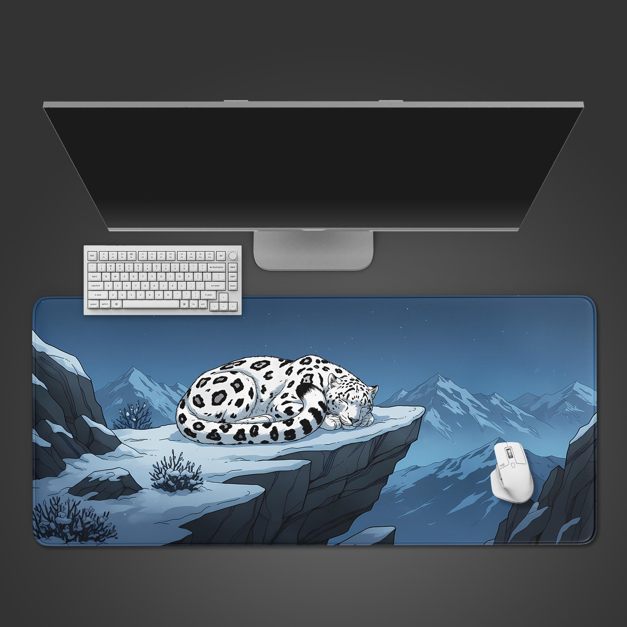 Wild Beauty tiger desk mat with rose design, shown from a top-down view with a white keyboard and mouse, creating an aesthetic desk setup. - Epic Design Pads & Mousepads