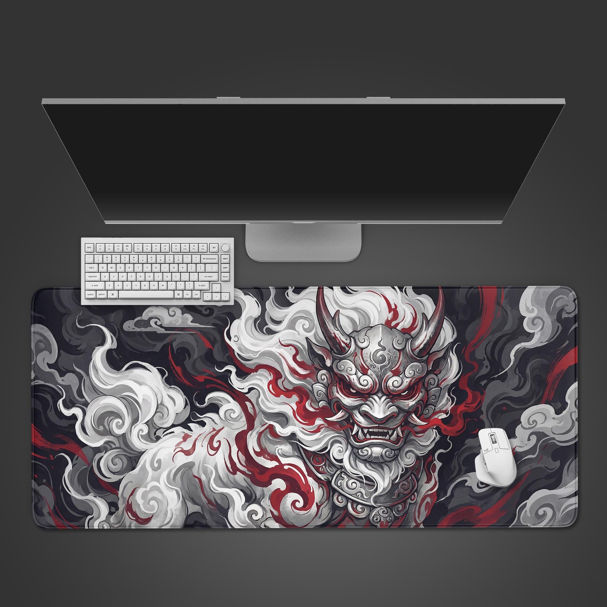 The Smoke Sentinel gaming desk mat shown from above, with a white keyboard and mouse, highlighting the fierce Japanese guardian lion design. - Epic Design Pads & Mousepads
