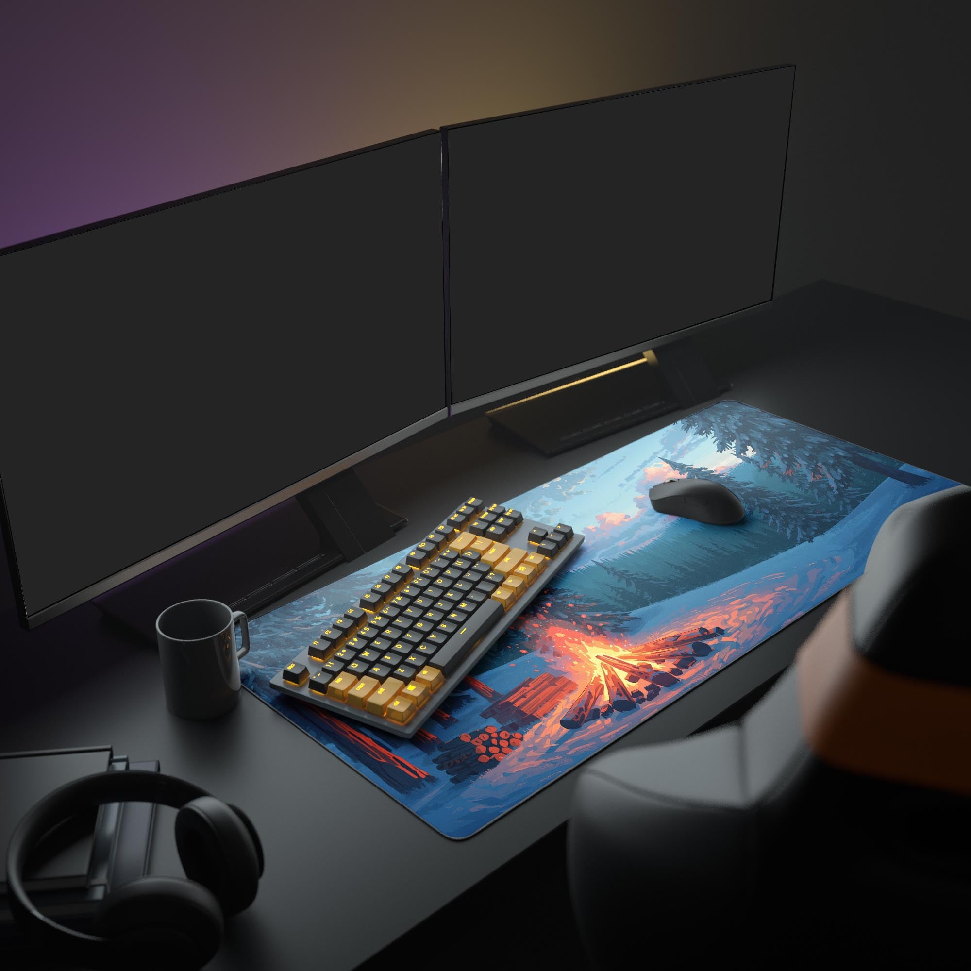 Large Snowy Glow desk mat shown in a cozy gaming setup with dual monitors, keyboard, and headphones. - Epic Design Pads