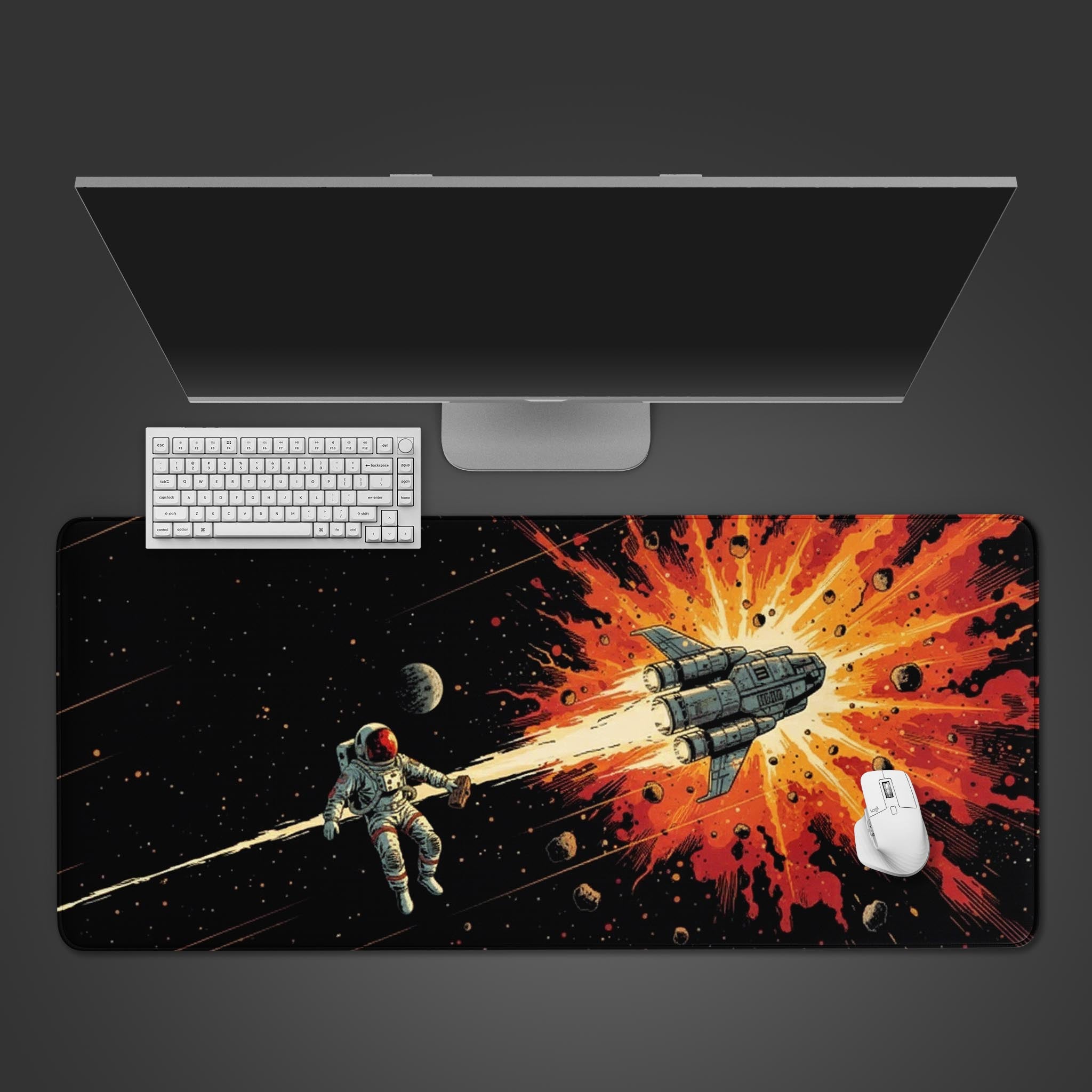 Space-themed desk mat with Solar Escape design – top view showing keyboard and mouse setup. - Epic Design Pads