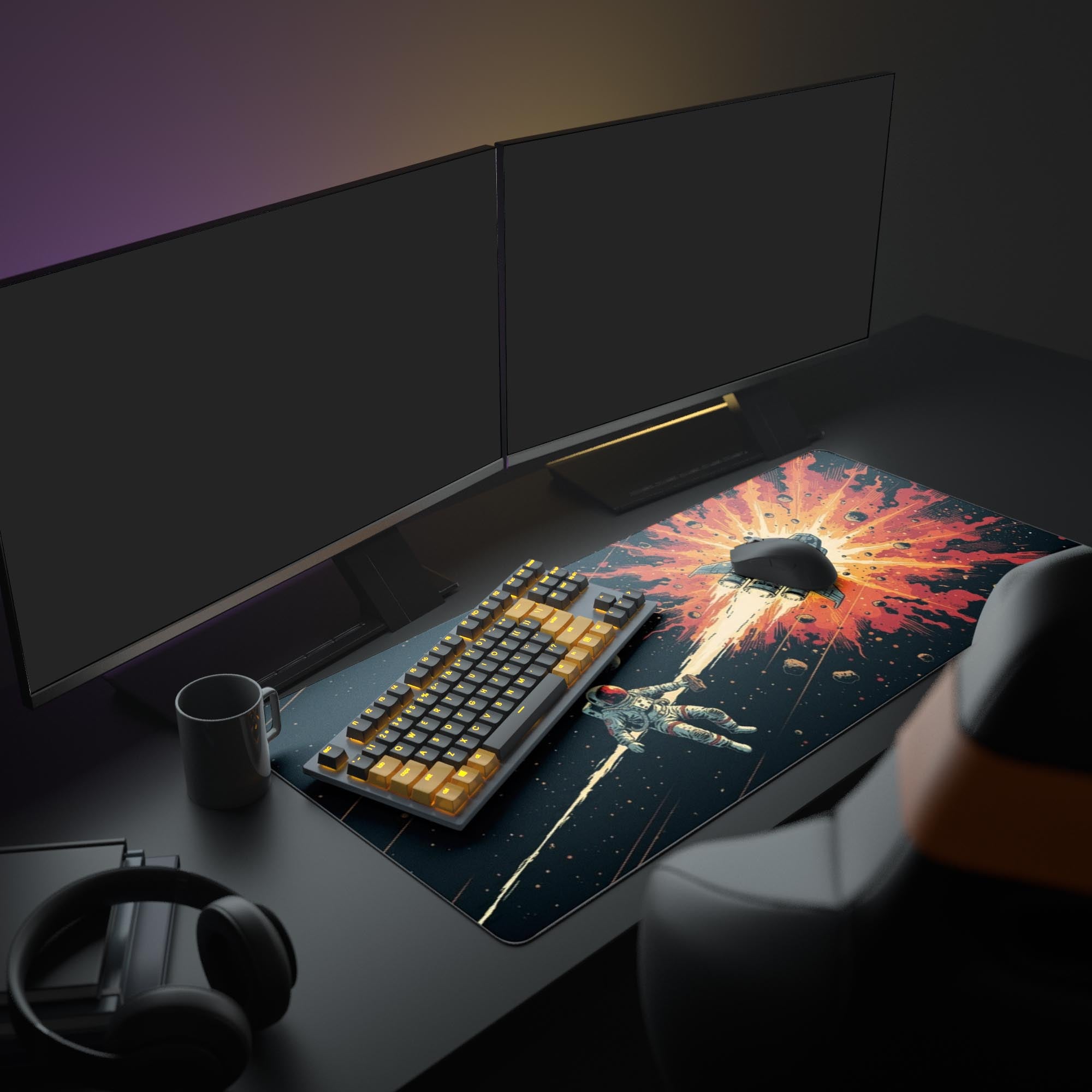 Solar Escape space desk mat in graphic style – displayed in futuristic office setting with dual monitors. - Epic Design Pads
