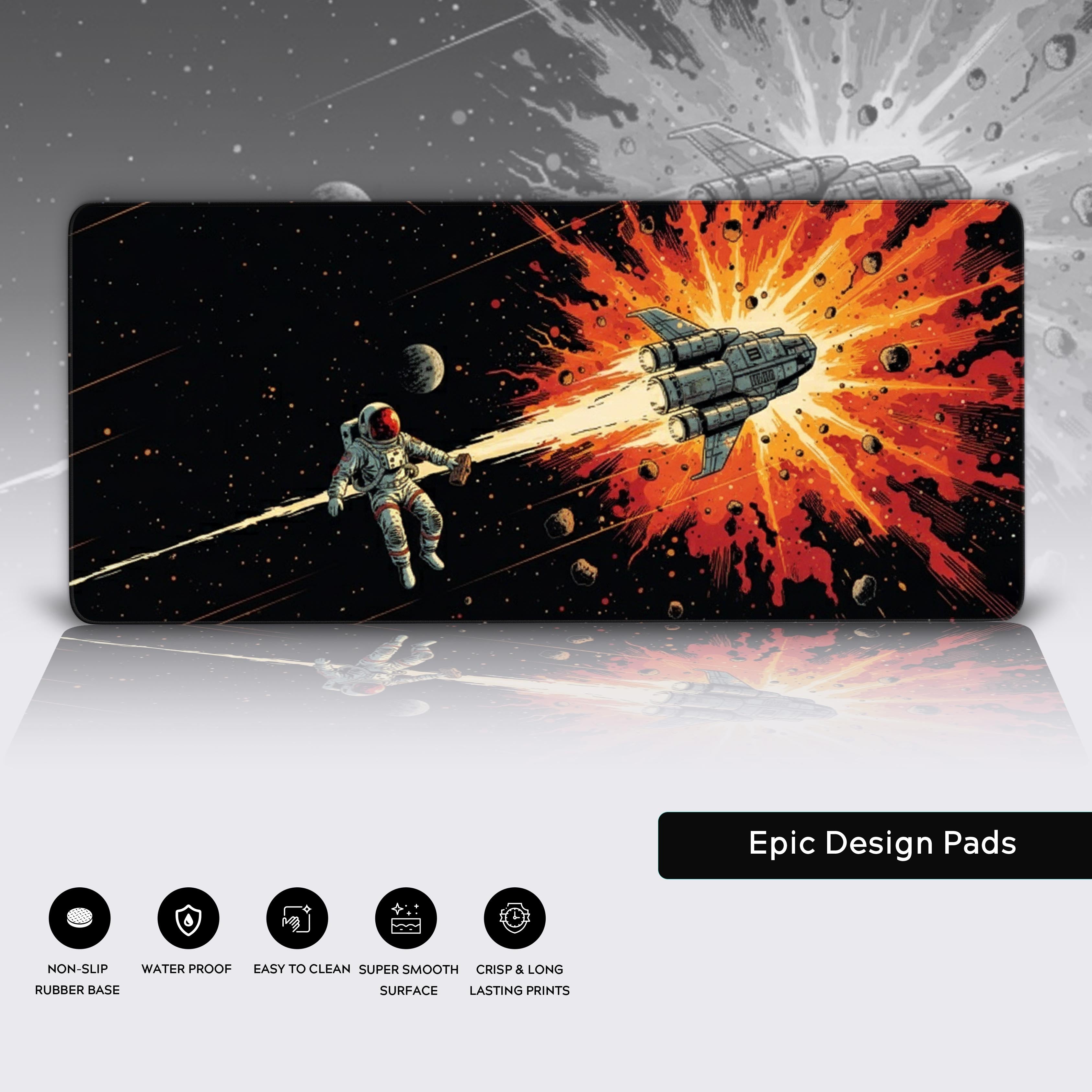 Space desk mat with Solar Escape theme – close-up of edge stitching and non-slip base. - Epic Design Pads