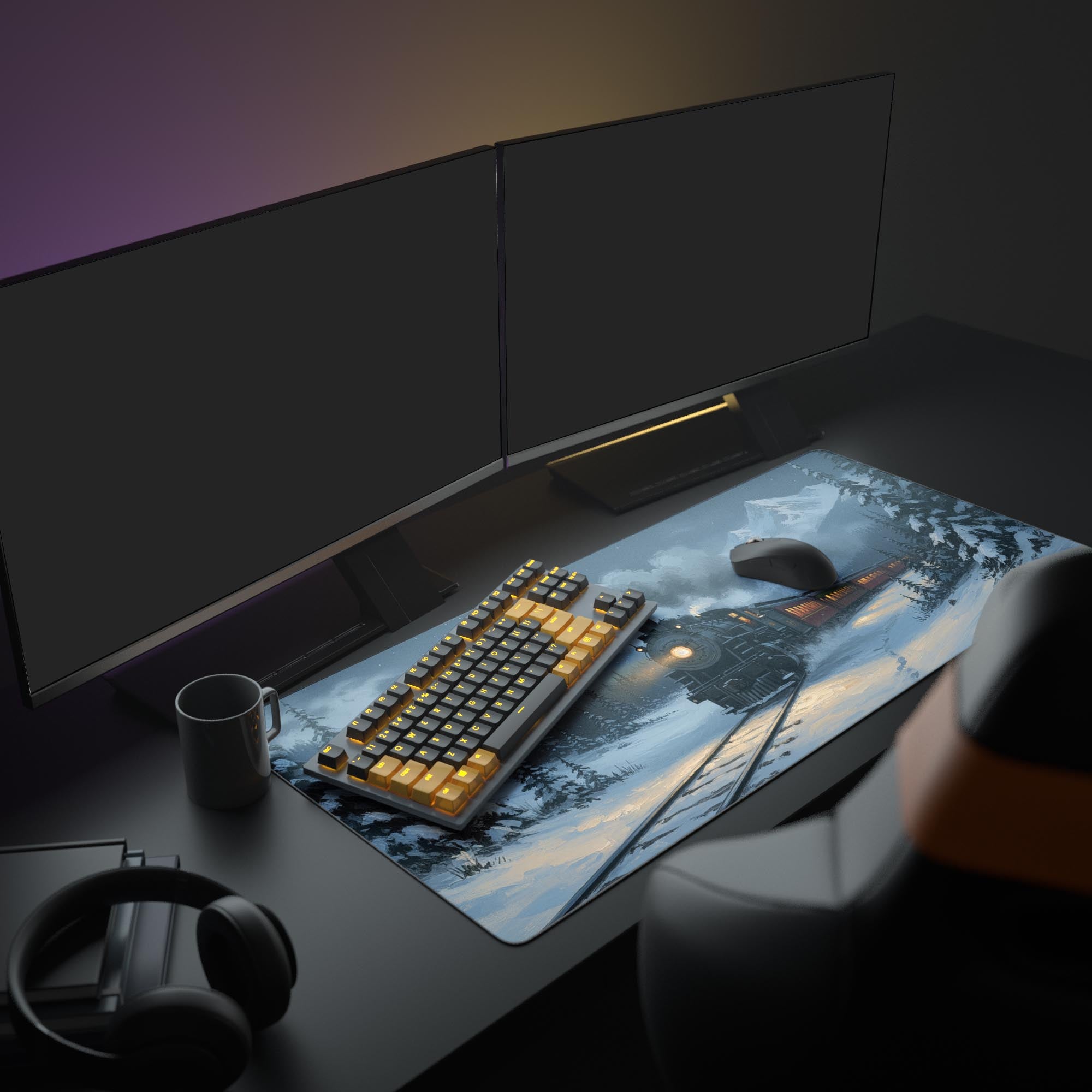 Large Solstice Express gaming desk mat with winter train scene, shown in a full desk setup with dual monitors and headphones. - Epic Design Pads & Mousepads