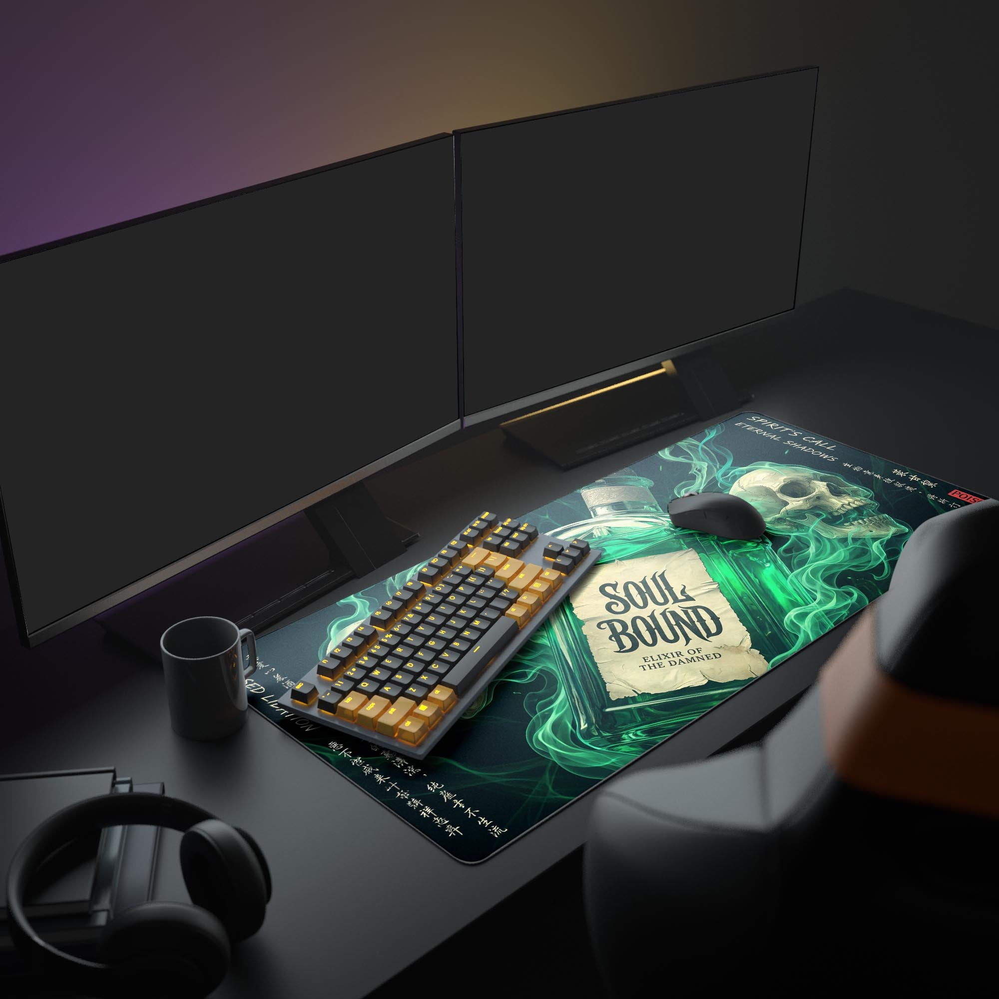A dark fantasy gaming setup featuring the 'Soul Bound' XL mouse pad, illuminating the desk with its green ghostly skull design. - Epic Design Pads & Mousepads