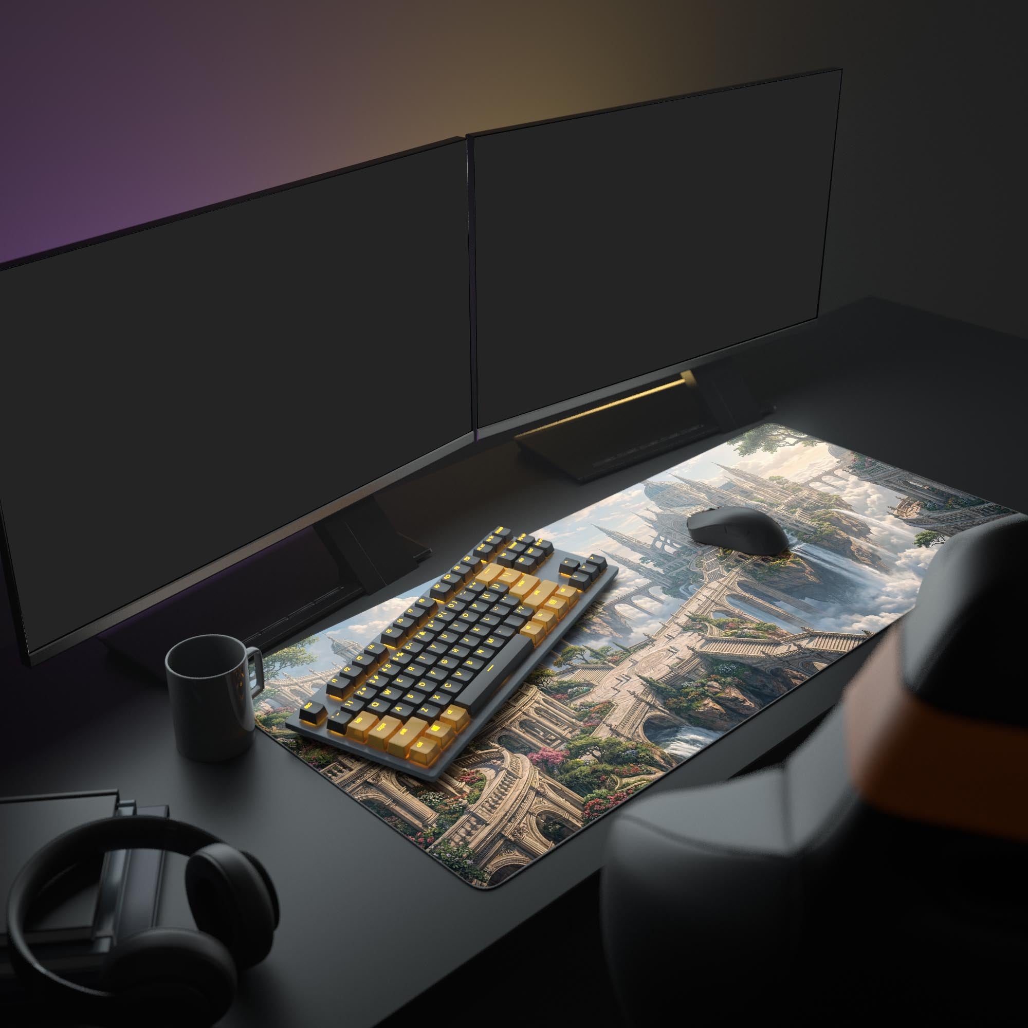 A complete PC setup featuring the Sovereign Sky City fantasy mouse pad, creating an inspiring aesthetic with a large monitor and gaming peripherals. - Epic Design Pads & Mousepads