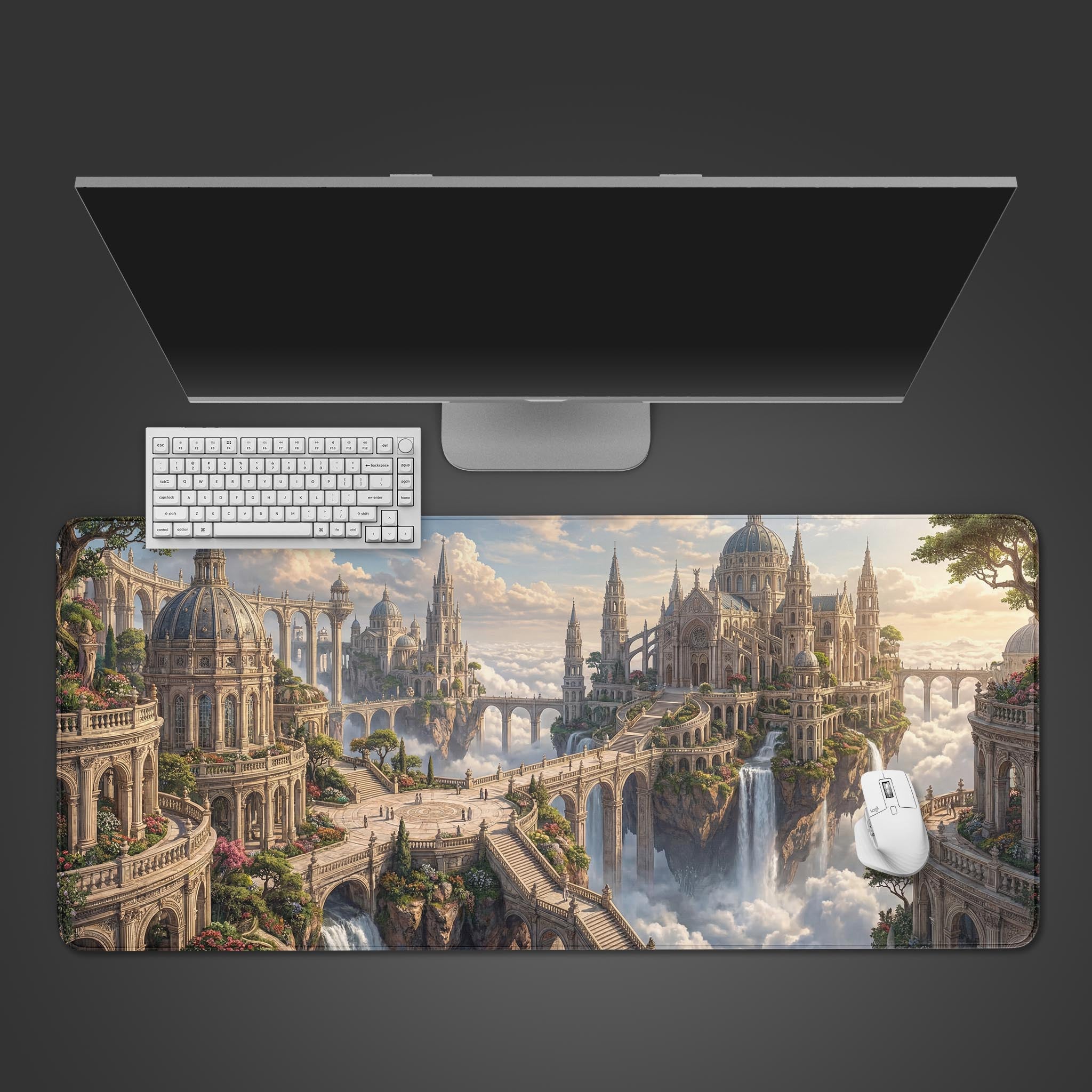 The Sovereign Sky City gaming desk mat shown on a desk from a top-down view with a white keyboard and mouse, showcasing the vast floating castle design. - Epic Design Pads & Mousepads
