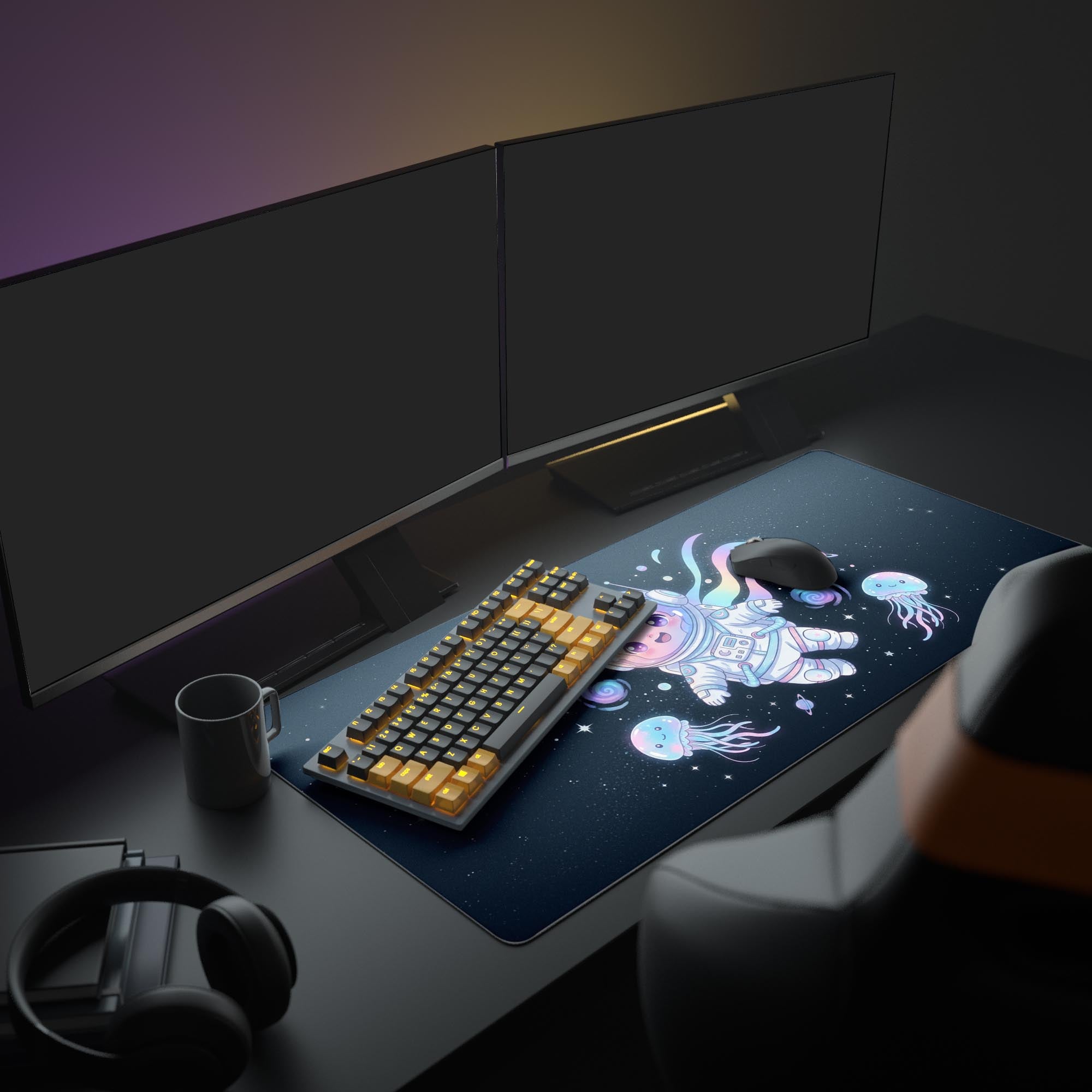 Large Space Dream gaming desk mat featuring a cute astronaut, displayed in a full gaming setup with dual monitors, a mechanical keyboard, and headphones. - Epic Design Pads