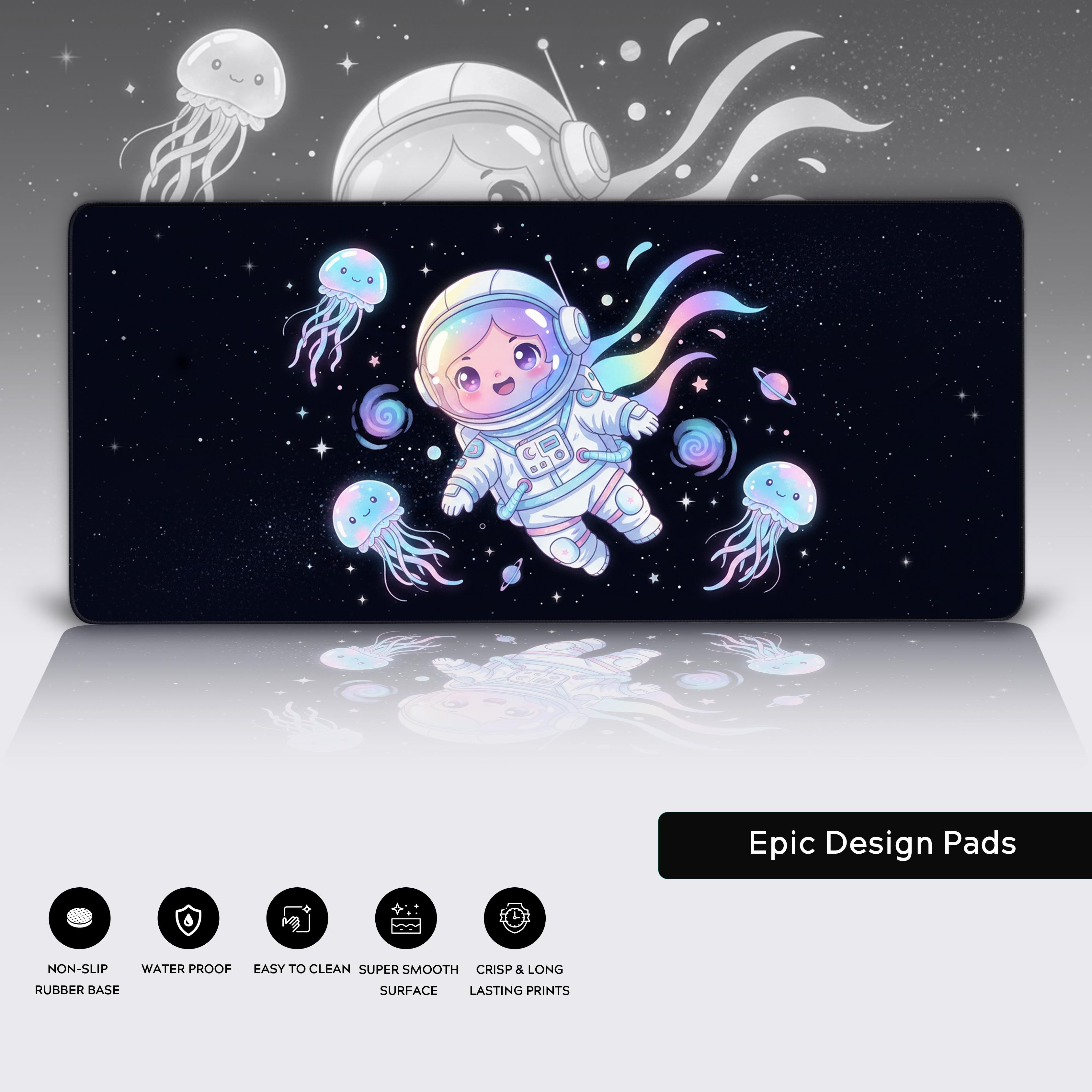 Close-up of the Space Dream desk mat showing the high-quality stitched edges, smooth fabric surface, and non-slip rubber base for gaming and work. - Epic Design Pads